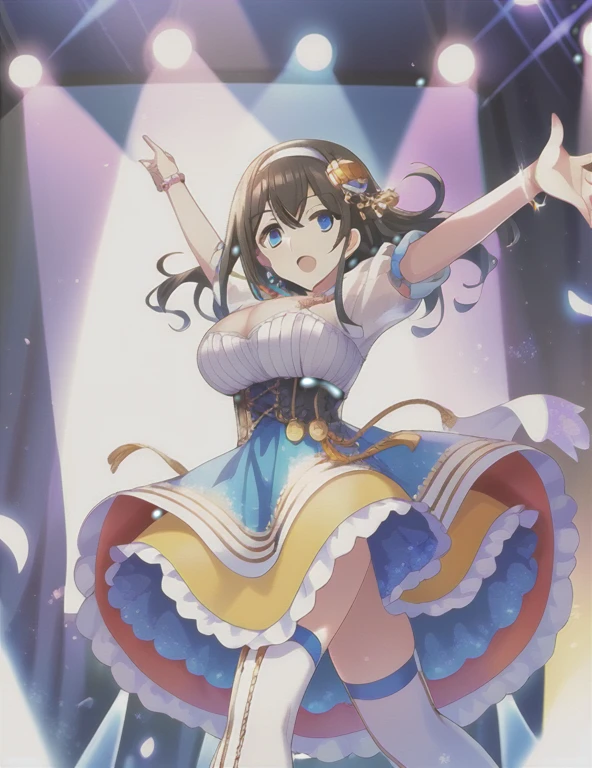 score_9, score_8_up, score_7_up, score_6_up,rating_questionable,source_anime,
1girl, cute female, solo, idol concert, singing, outstretched arms, microphone, stage, rainbow color theme, colorful, stage lights, multicolored lighting, light particles, 
 sgswfmk, long hair, brown hair, black hair, bangs, hair between eyes, blue eyes, gigantic breasts, 
white hairband, hair hair ornament, dress, cleavage cutout, corset, bubble skirt, thighhighs, boots,
lipstic, detailed eyes, eyelashes, eyeliner, jewelry, necklace, bracelet, earrings,