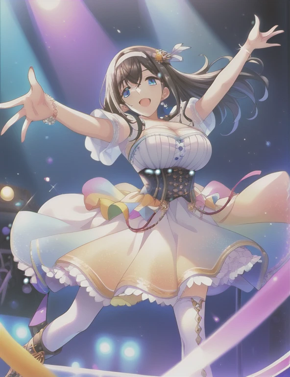 score_9, score_8_up, score_7_up, score_6_up,rating_questionable,source_anime,
1girl, cute female, solo, idol concert, singing, outstretched arms, microphone, stage, rainbow color theme, colorful, stage lights, multicolored lighting, light particles, 
 sgswfmk, long hair, brown hair, black hair, bangs, hair between eyes, blue eyes, gigantic breasts, 
white hairband, hair hair ornament, dress, cleavage cutout, corset, bubble skirt, thighhighs, boots,
lipstic, detailed eyes, eyelashes, eyeliner, jewelry, necklace, bracelet, earrings,