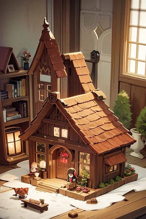 Create a fabulous gingerbread house from inside. Which wakes up to belong to a witch. All furniture in the room should be made of sweets. And in the middle of the room stands a girl about 10 years old., holding in his hands a small fairy-tale animal of white color