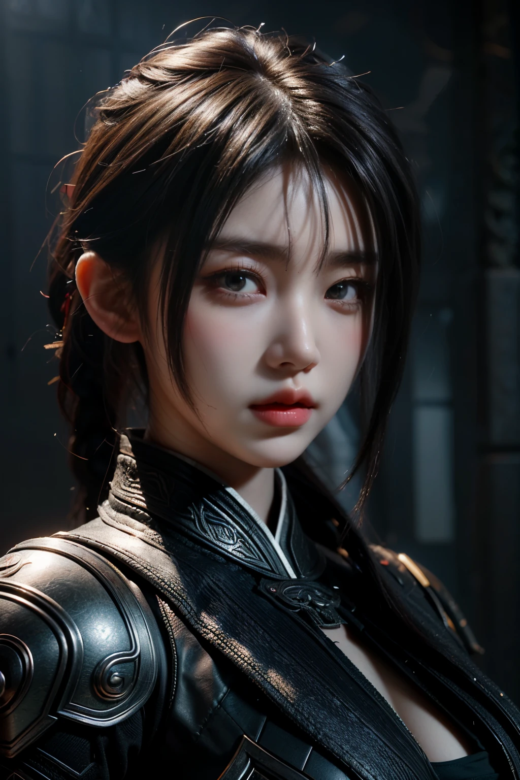 Masterpiece,Game art,The best picture quality,Highest resolution,8K,(Portrait),Unreal Engine 5 rendering works,(Digital Photography),
Girl,Beautiful pupil,(Gradual short hair is blue and red),Busty,(Big breasts),(Portrait photography:1.5),
(A chivalrous woman in Tang Dynasty),Casual hairstyle,Delicate faces,(Full breasts,Big breasts),Serious,Cool and elegant,(Wearing combat armor combined with the characteristics of ancient Chinese clothing,A complex pattern,Mysterious light,Hollow Armor),(Red and black),Ancient fantasy style characters
Movie lights，Ray tracing，Game CG，((3D Unreal Engine))，oc render reflection texture