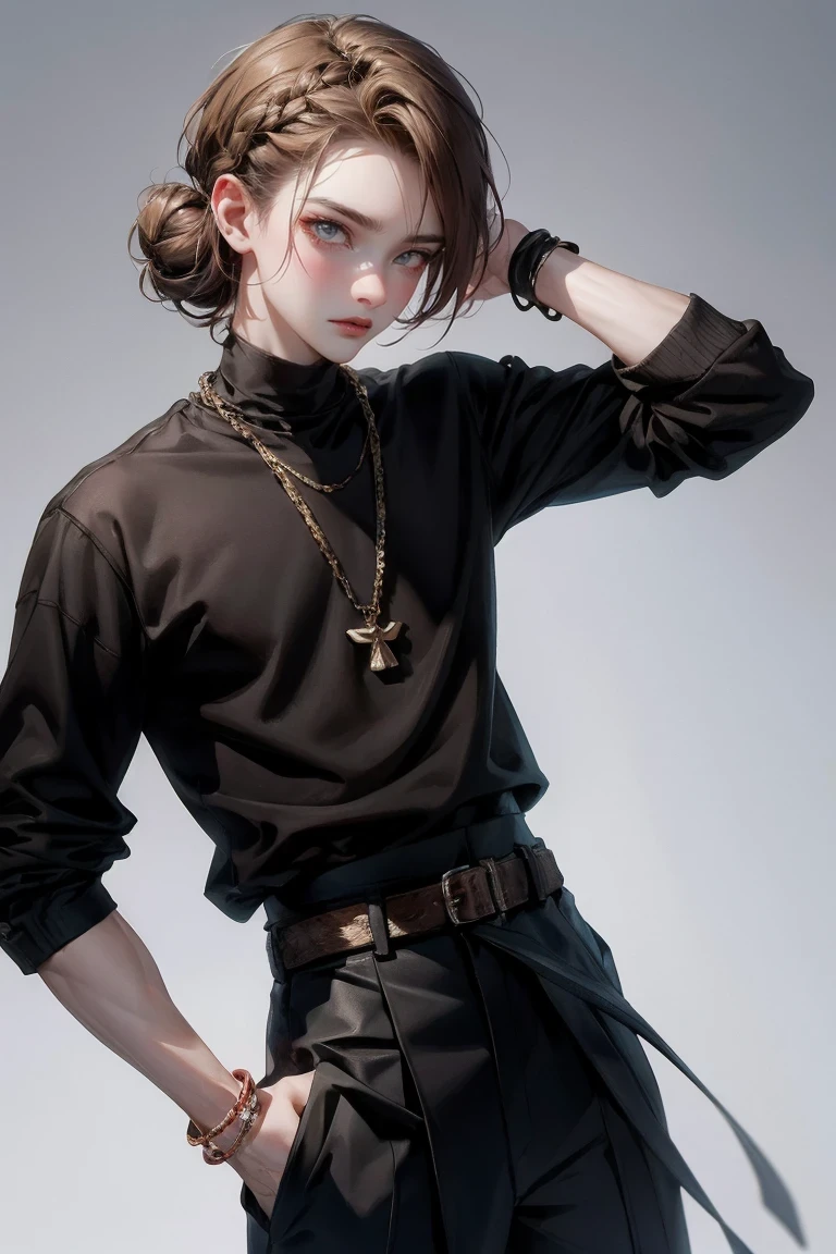 masterpiece,1 boy, alone, Simple background, looking at the audience, faint smile, Metal necklace, Room, bandage, black pants, Troublemakers, Yankees, Accessories, Light brown two-tone hair color, unique hairstyle, fashionable, French braid, Simple background, black background, whole body, heterochromatic eyes