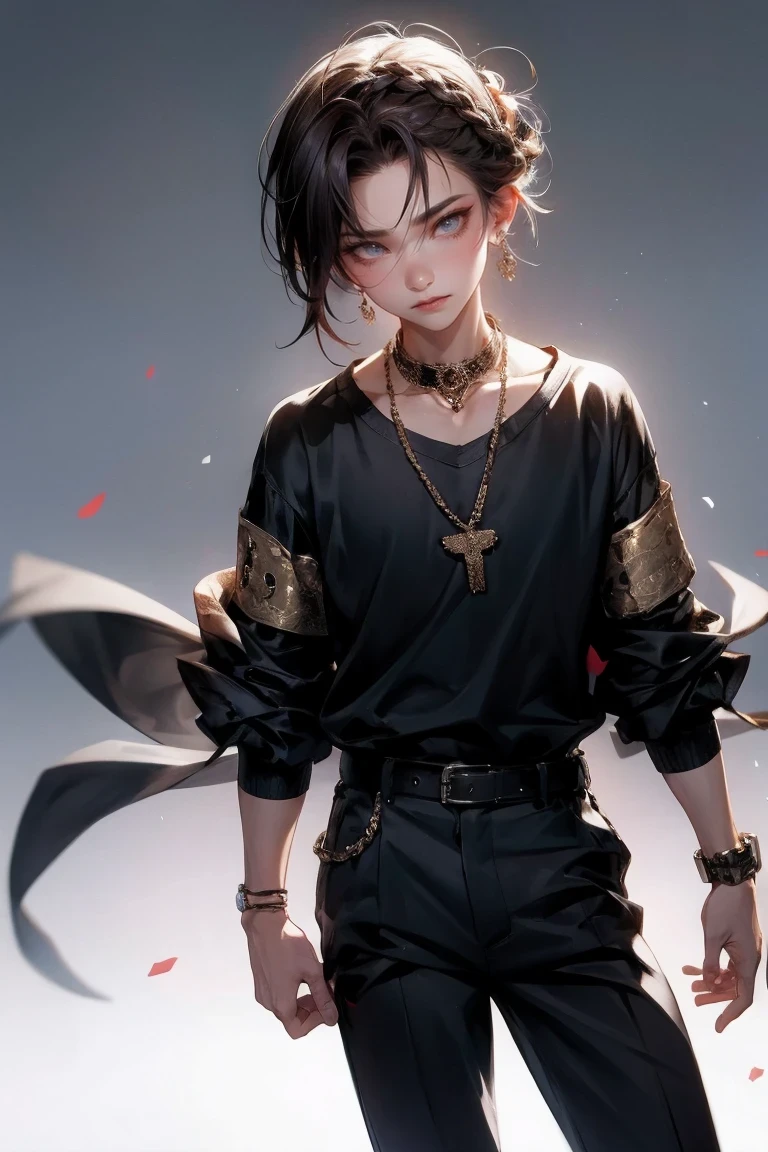 masterpiece,1 boy, alone, Simple background, looking at the audience, faint smile, Metal necklace, Room, bandage, black pants, Troublemakers, Yankees, Accessories, Light brown two-tone hair color, unique hairstyle, fashionable, French braid, Simple background, black background, whole body, heterochromatic eyes