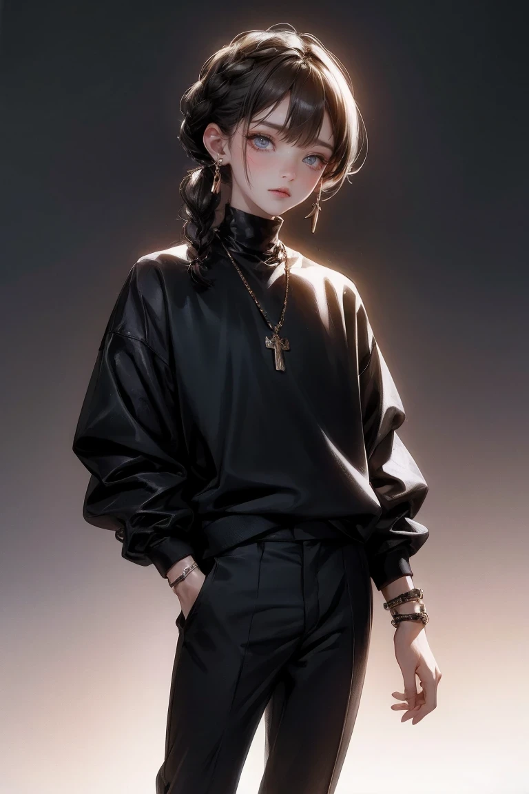 masterpiece,1 boy, alone, Simple background, looking at the audience, faint smile, Metal necklace, Room, bandage, black pants, Troublemakers, Yankees, Accessories, Light brown two-tone hair color, unique hairstyle, fashionable, French braid, Simple background, black background, whole body, heterochromatic eyes