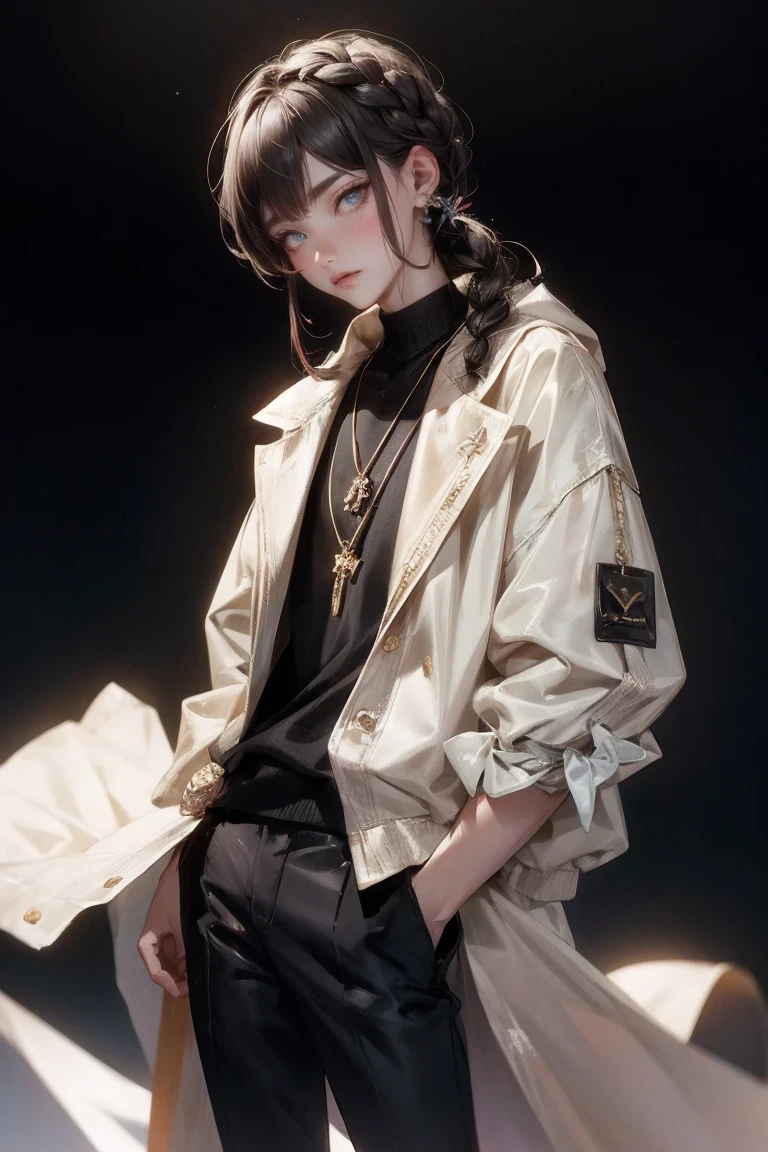 masterpiece,1 boy, alone, Simple background, looking at the audience, faint smile, Metal necklace, Room, bandage, black pants, Troublemakers, Yankees, Accessories, Light brown two-tone hair color, unique hairstyle, fashionable, French braid, Simple background, black background, whole body, heterochromatic eyes