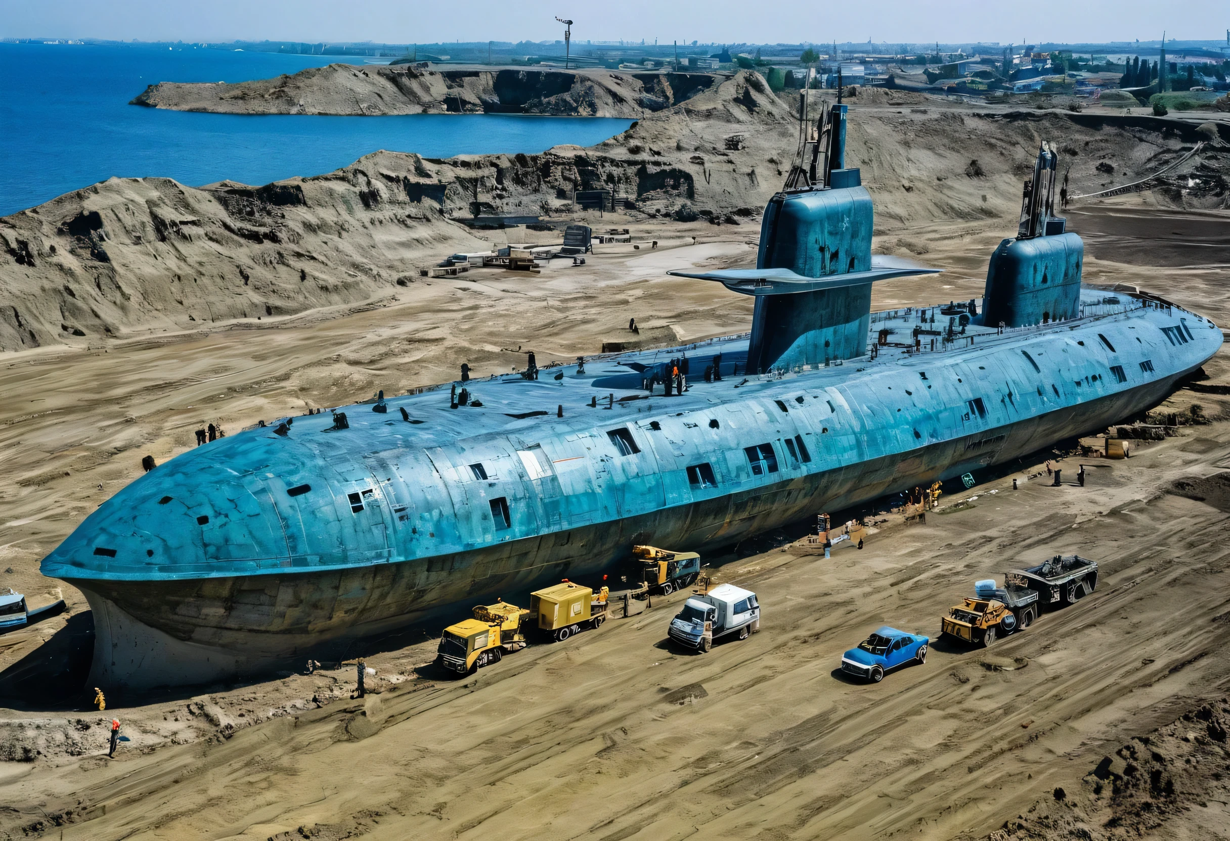 Many modern excavators are busy digging up a huge cultural relic, which is a Zornau technology intelligent spacecraft resembling both a submarine and an aircraft carrier. Its material appears to be similar to that of bronze artifacts unearthed thousands of years ago, exhibiting a grayish-blue hue. This is a genuine photograph capturing its authentic appearance.