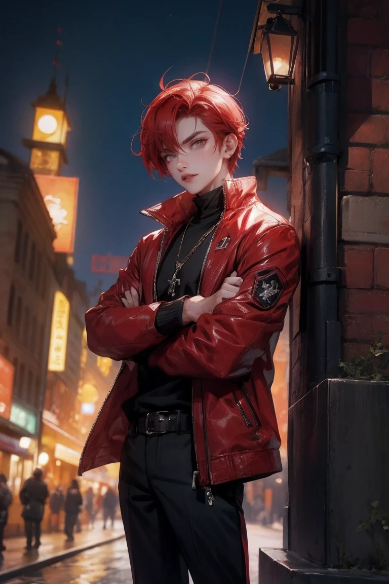 anime character Red hair and a black jacket, Red hair, anime handsome guy, Male anime characters, 1 boy, alone, Zhou Wang Meiqin, k items, (((vampire))), crazy, malkavia, city in background, (night), giggle, Cowboy shooting, dynamic lighting