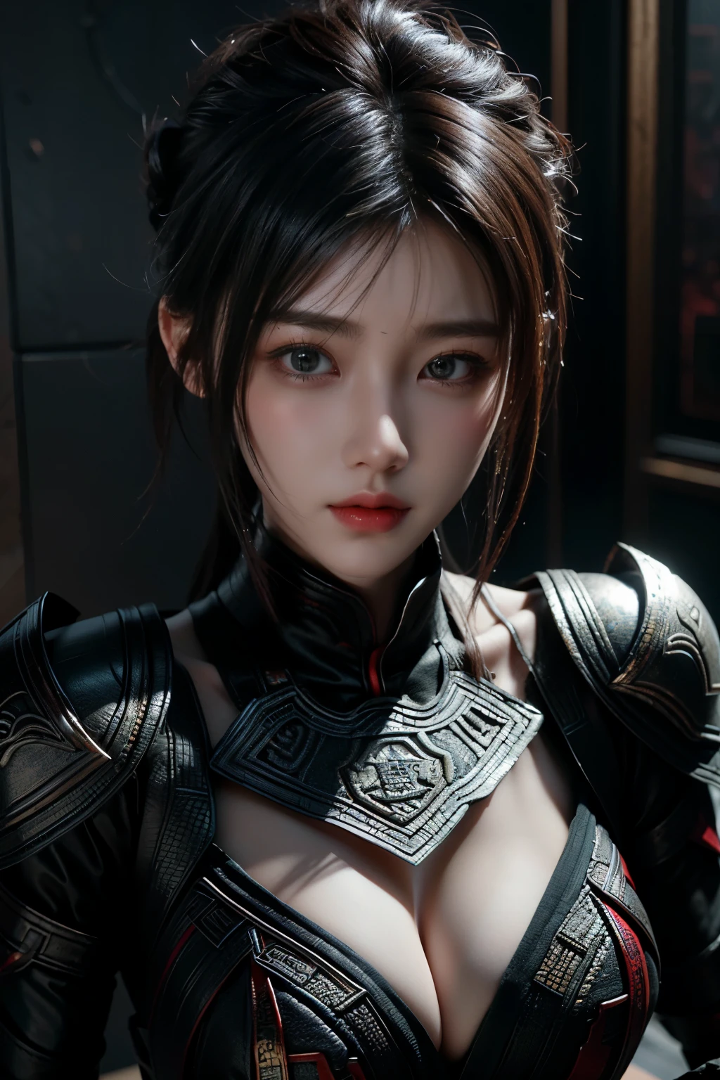 Masterpiece,Game art,The best picture quality,Highest resolution,8K,(Portrait),Unreal Engine 5 rendering works,(Digital Photography),
Girl,Beautiful pupil,(Gradual short hair is blue and red),Busty,(Big breasts),(Portrait photography:1.5),
(A chivalrous woman in Tang Dynasty),Casual hairstyle,Delicate faces,(Full breasts,Big breasts),Serious,Cool and elegant,(Wearing combat armor combined with the characteristics of ancient Chinese clothing,A complex pattern,Mysterious light,Hollow Armor),(Red and black),Ancient fantasy style characters
Movie lights,Ray tracing,Game CG,((3D Unreal Engine)),oc render reflection texture