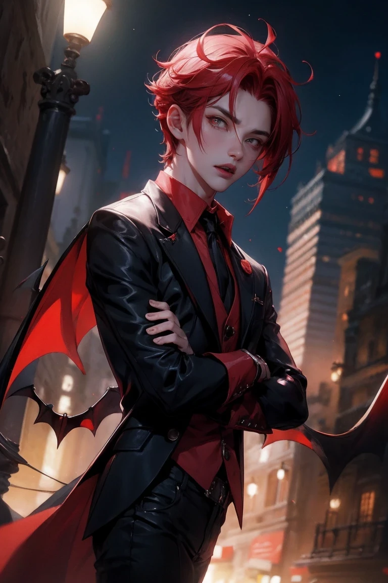 anime character Red hair and a black jacket, Red hair, anime handsome guy, Male anime characters, 1 boy, alone, Zhou Wang Meiqin, k items, (((vampire))), crazy, malkavia, city in background, (night), giggle, Cowboy shooting, dynamic lighting