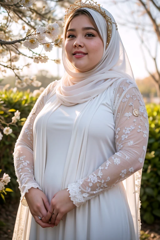 ((best quality)), ((masterpiece)), ((detailed)), ((a 25 year old chubby girl)), white loosely gamis dress with gold colour lace, (smiling:0.6), long sleeve, white hijab, white shawl, flowers crown, scattered luminous petals, yellow flowers garden, Depth of field, ray of lights, Many scattered leaves, branch, angle, contour deepening, cinematic angle,
