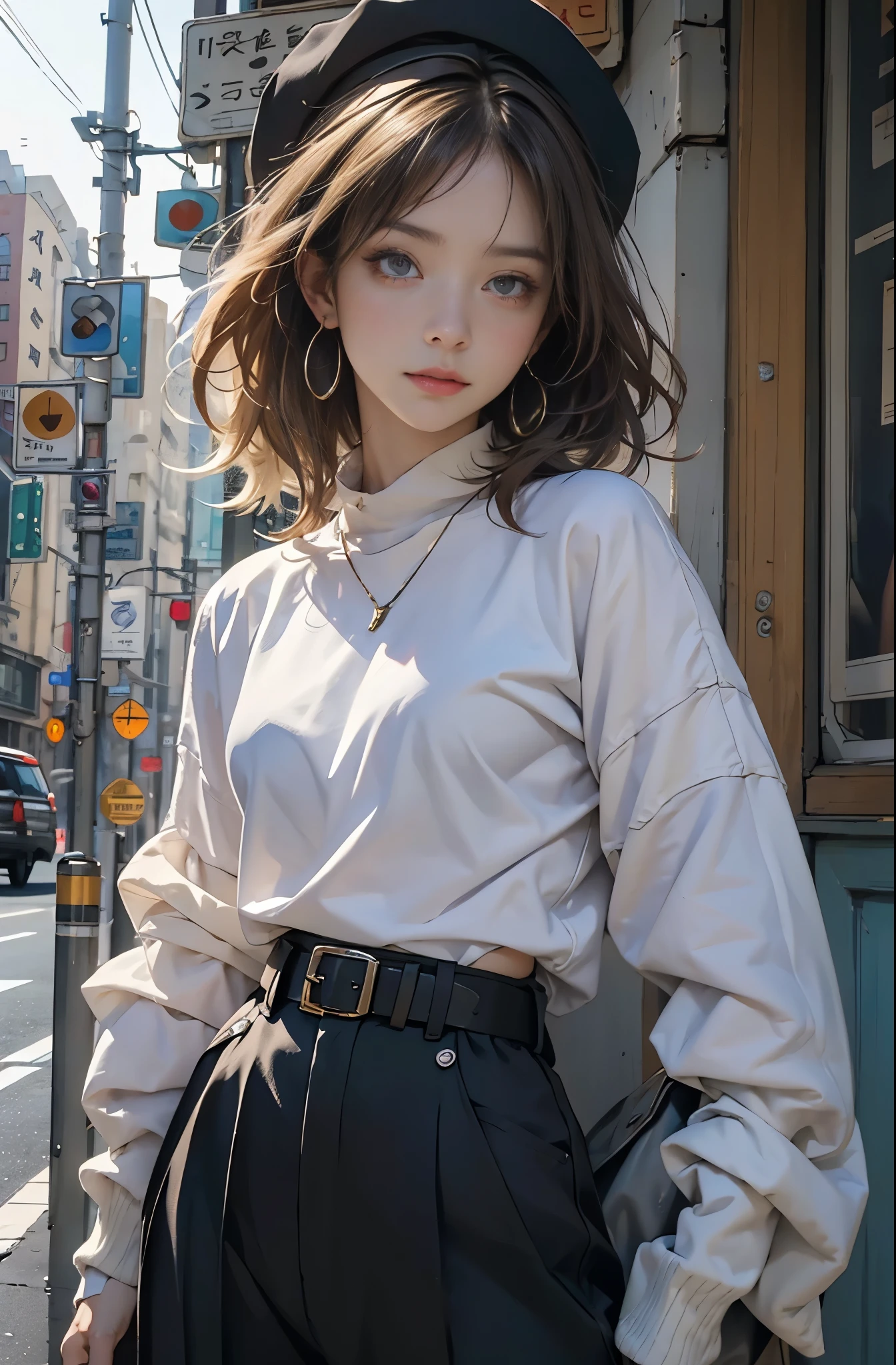 Photo of a beautiful woman standing on a street corner, Perfect model body shape, Stylish pants style, stylish belt, colorful purple shirt, Stylish hats, very stylish, with influence of Jeremy Mann, Jeremy Mann, style of Jeremy Mann, Jeremy Mann painting, Jeremy Mann art, Ron Hicks, Liepke, Jeremy Mann and alphonse mucha, Works that influenced Edmund Blampid, robert lenkiewicz, Casey Baugh and James Jean, Works that influenced Willem Kalf, Nick Alm, tumbler, figurative art, intense watercolor, watercolor detailed art,Beautiful and expressive paintings, Beautiful artwork illustration, wonderful, cool beauty, masterpiece, highest quality, official art, perfect composition, perfect angle, best shot, The perfect subject, women only, sharp outline, romantic, Moody, very beautiful and detailed eyes, beautiful and delicate eyes, ideal animation, sentimental,Hongkong, close