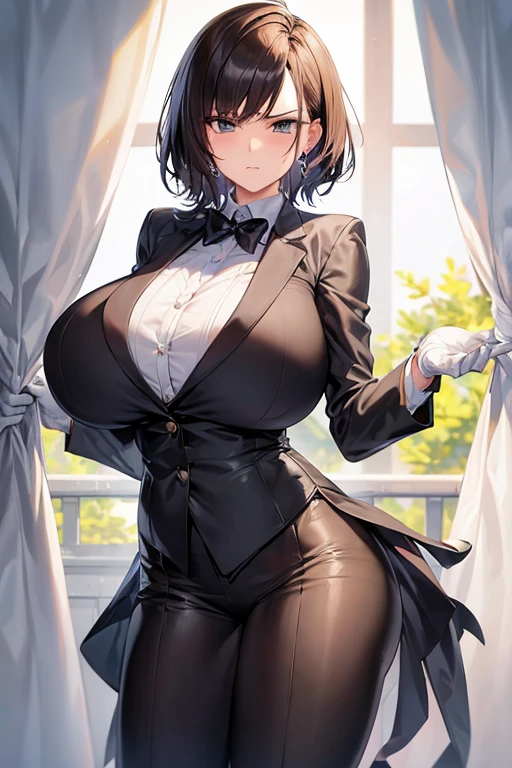 female deacon、at the window、Cool、huge breasts、short hair、Tuxedo、thin waist、Handsome guy、severity、angry look、full of confidence、white gloves