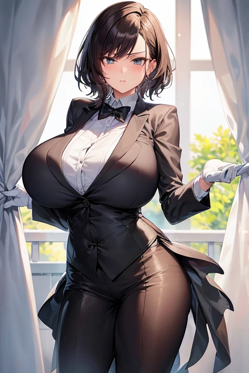 female deacon、at the window、Cool、huge breasts、short hair、Tuxedo、thin waist、Handsome guy、severity、angry look、full of confidence、white gloves