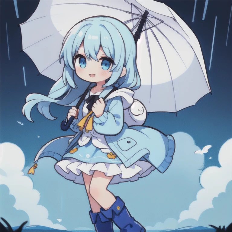 girl, long eyelashes,Light blue skirt,light blue long hair, Big eyes, light blue eyes, Raincoat, Umbrella, smile, boots
