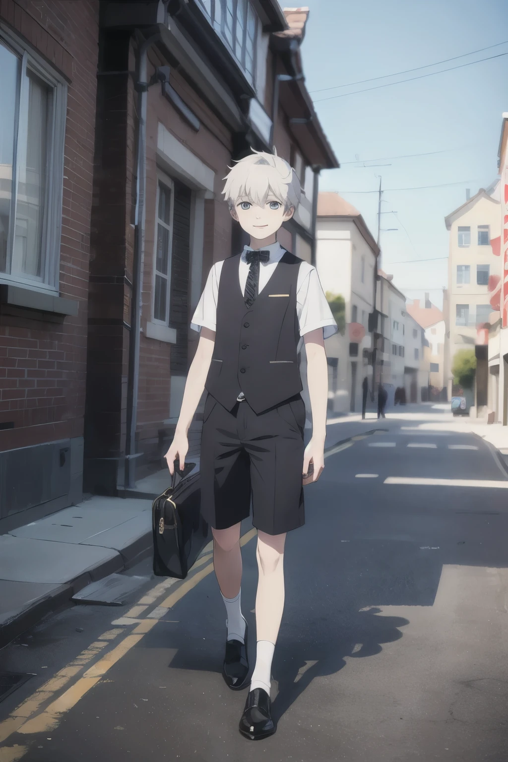  boy, alone, (masterpiece,Two dimensions， super quality, High resolution, 8K, complex: 1.2), (Detailed face:1.2), Handsome, ,white skin肤, , Delicate skin, 14 years oldal)), ((actual)), ((white skin)), , Handsome,1 boy, white hair,short hair,have, gray eyes, Off the street, deep eyes,Vest, looking at the audience, Smile, Shota , (masterpiece), (best quality:1),full-body shot