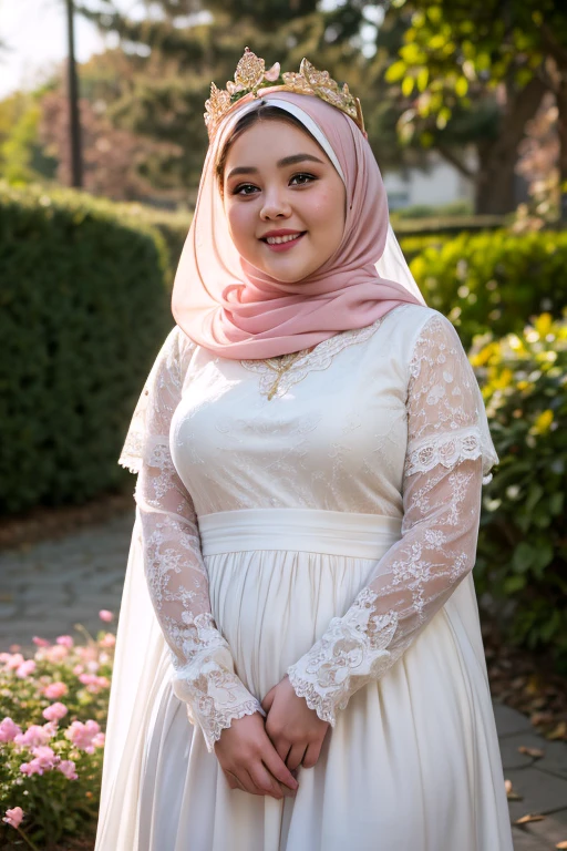 ((best quality)), ((masterpiece)), ((detailed)), ((a 25 year old chubby girl)), white loosely gamis dress with gold colour lace, (smiling:0.6), long sleeve, white hijab, white shawl, pink flowers crown, scattered luminous petals, yellow flowers garden, Depth of field, ray of lights, Many scattered leaves, branch, angle, contour deepening, cinematic angle,