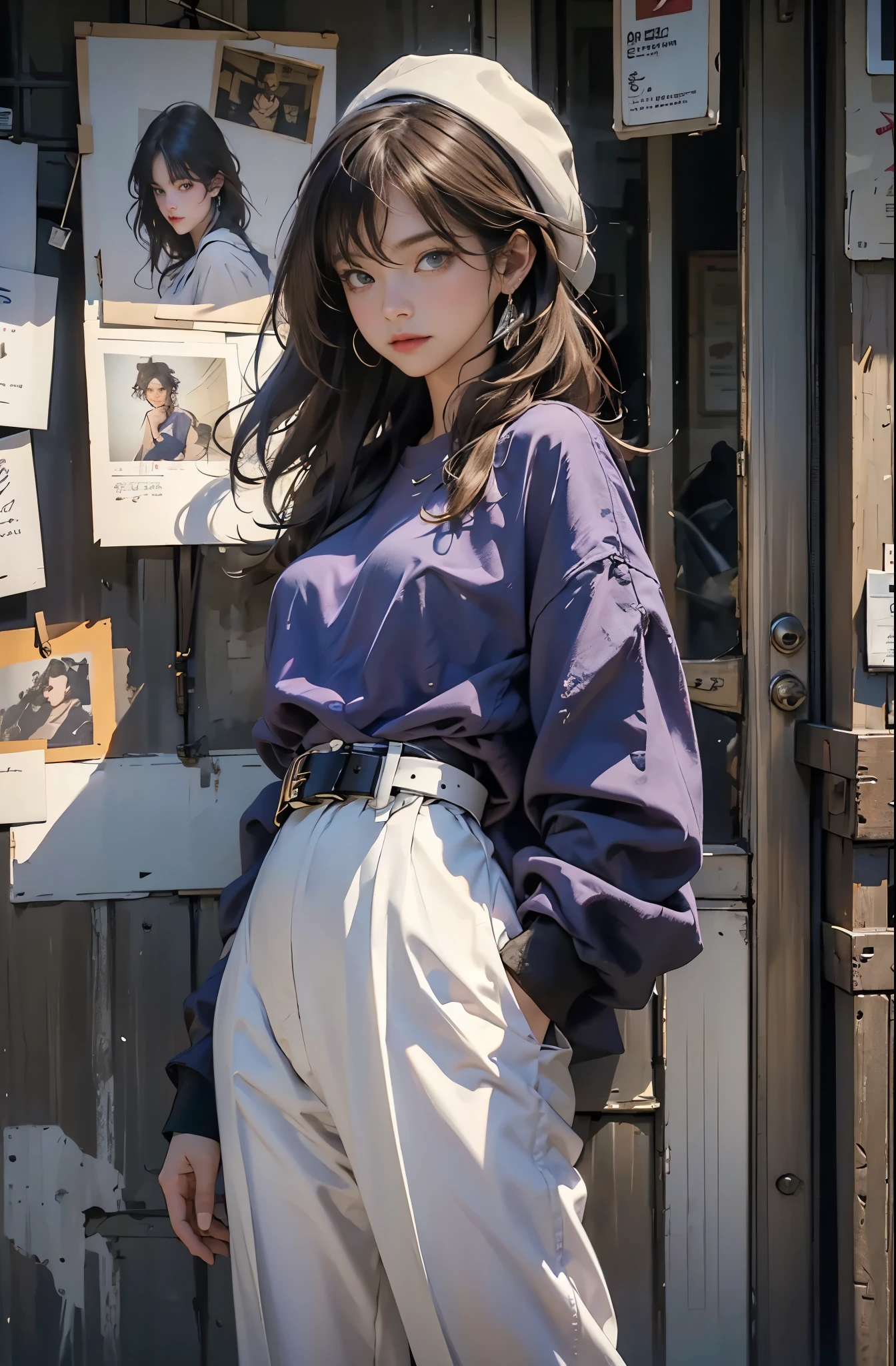 Photo of a beautiful woman standing on a street corner, Perfect model body shape, Stylish pants style, stylish belt, colorful purple shirt, Stylish hats, very stylish, with influence of Jeremy Mann, Jeremy Mann, style of Jeremy Mann, Jeremy Mann painting, Jeremy Mann art, Ron Hicks, Liepke, Jeremy Mann and alphonse mucha, Works that influenced Edmund Blampid, robert lenkiewicz, Casey Baugh and James Jean, Works that influenced Willem Kalf, Nick Alm, tumbler, figurative art, intense watercolor, watercolor detailed art,Beautiful and expressive paintings, Beautiful artwork illustration, wonderful, cool beauty, masterpiece, highest quality, official art, perfect composition, perfect angle, best shot, The perfect subject, women only, sharp outline, romantic, Moody, very beautiful and detailed eyes, beautiful and delicate eyes, ideal animation, sentimental,Hongkong, Close-up
