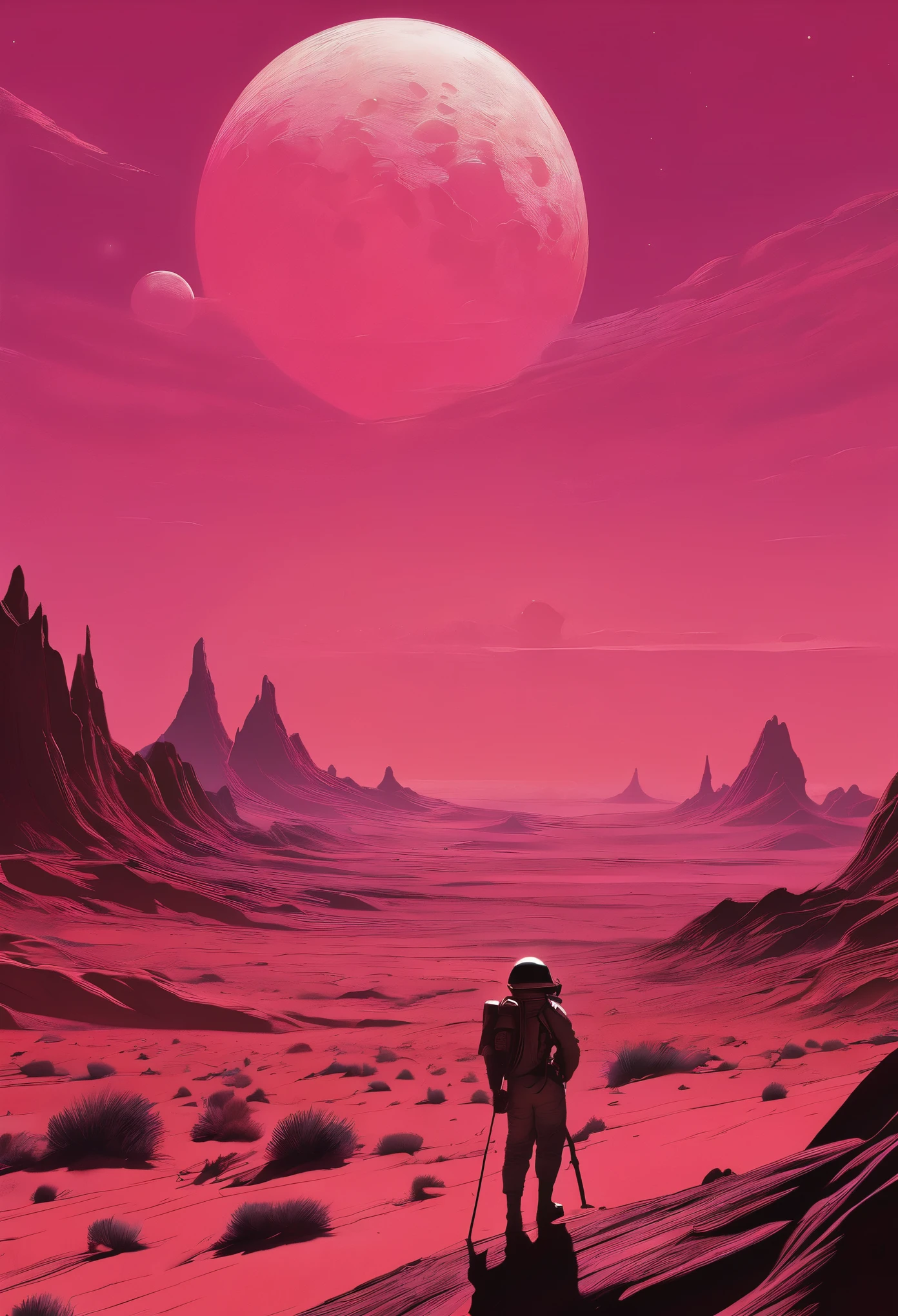 In the style of Chesley Bonestell，Depicting an adventurer wandering an alien desert under the light of a giant pink moon，The screen contains dynamic elements，like swirling dust、Distant alien plants and strange objects in the sky，Use wide-angle perspective to create immersion，Get In Style With Charles Dana Gibson。