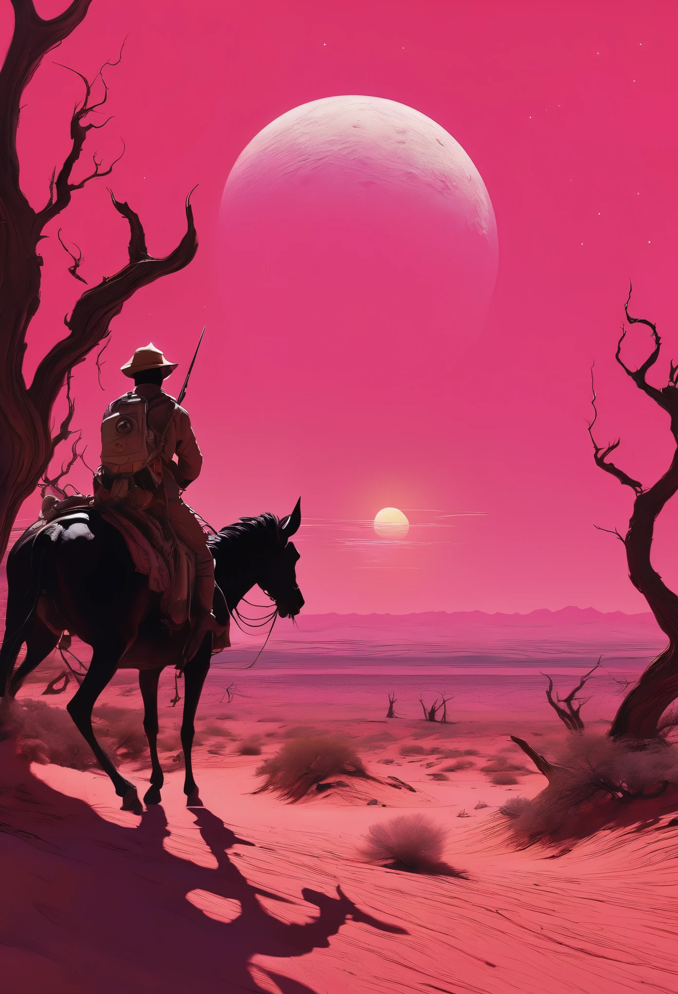 In the style of Chesley Bonestell，Depicting an adventurer wandering an alien desert under the light of a giant pink moon，The screen contains dynamic elements，like swirling dust、Distant alien plants and strange objects in the sky，Use wide-angle perspective to create immersion，Get In Style With Charles Dana Gibson。