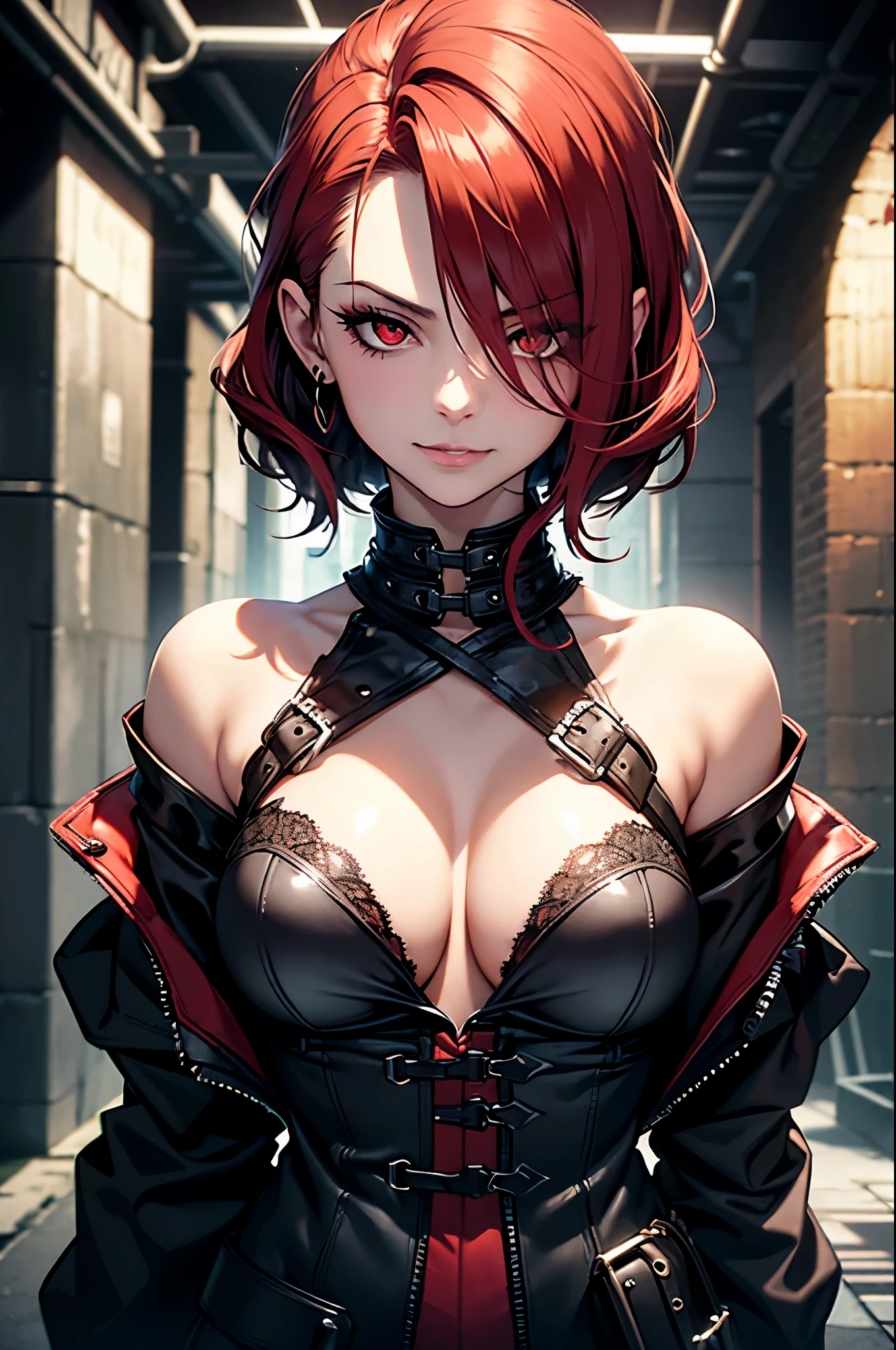 (best quality,4k,8k,highres,masterpiece:1.2),ultra-detailed,(realistic,photorealistic,photo-realistic:1.37) beautiful dominatrix with red hair, red eyes and an evil smirk in a BDSM dungeon, grim atmosphere, dark, chains, female fatale, BDSM equipment in the background, dungeon, dark dungeon, dark lighting, underground city, dark city, underground, steampunk