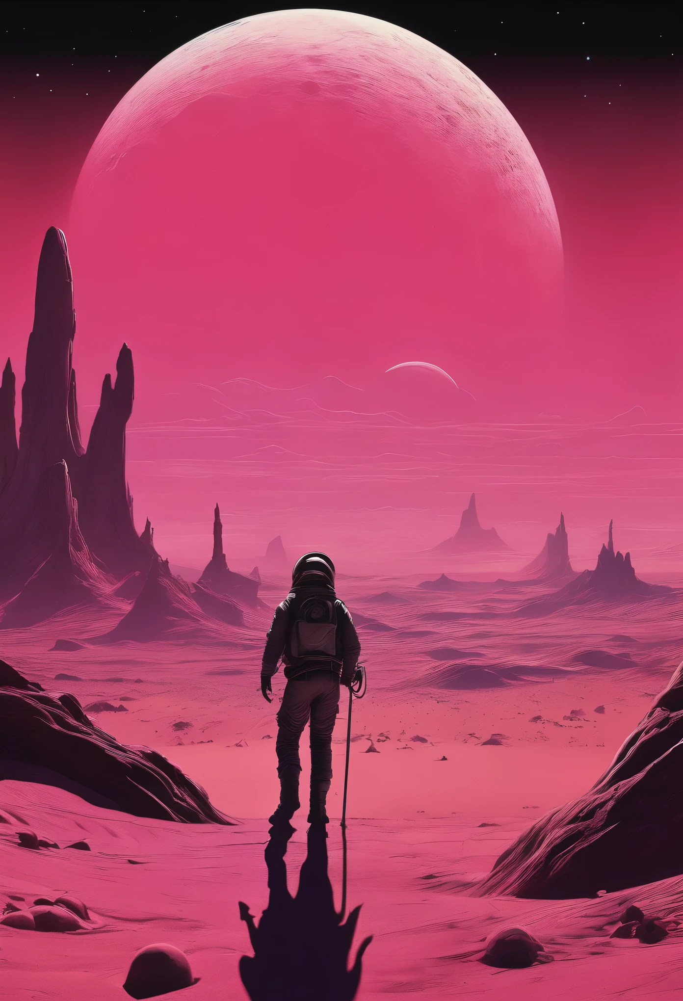 In the style of Chesley Bonestell,Depicting an adventurer wandering an alien desert under the light of a giant pink moon,The screen contains dynamic elements,like swirling dust、Distant alien plants and strange objects in the sky,Use wide-angle perspective to create immersion,Get In Style With Charles Dana Gibson。