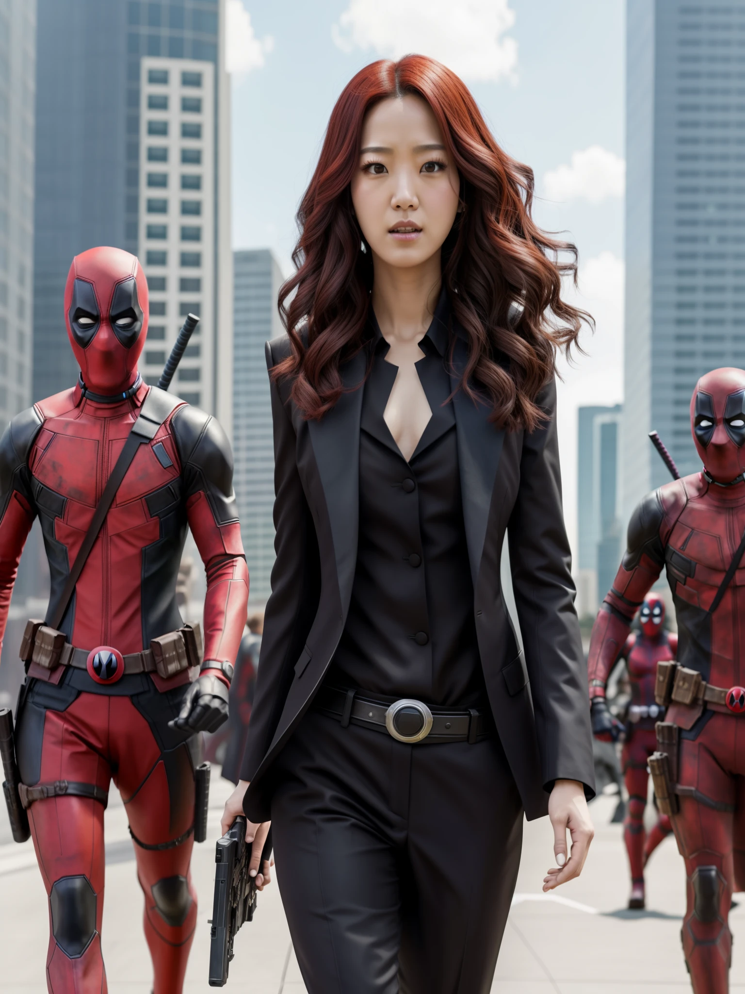 arafed woman in a suit walking in front of deadpool, john park, park shin hye as a super villain, promotional movie still, hero, scene from live action movie, wanda, still from marvel movie, movie promotional image, [ cinematic, wearing a black and red suit, portrait shot, iu lee ji-eun as a super villain