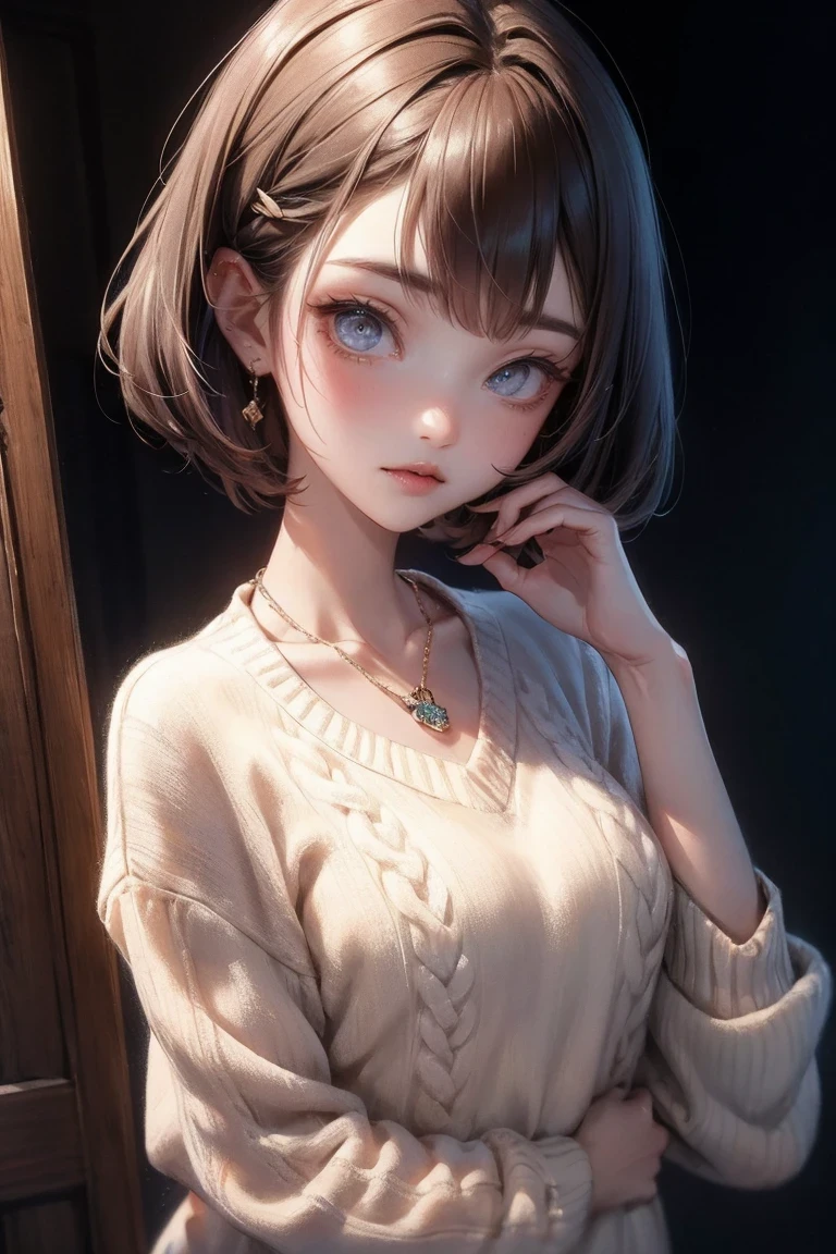 (best quality, 8K, 32k, masterpiece, ultra high definition:1.2),Photos of beautiful Japanese women, Big breasts, Very short Bob hair,Upper body,(extra large_sweater,:1.1) necklace, Simple background, look around