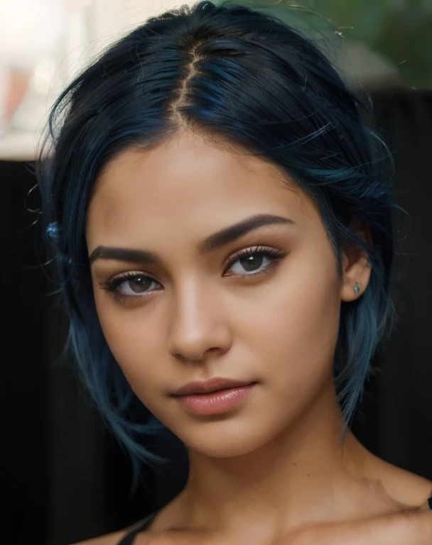 beautiful detailed eyes, vibrant blue hair, realistic face and features, long eyelashes, glowing skin, stylish outfit, confident expression, natural lighting, vibrant colors, studio portrait