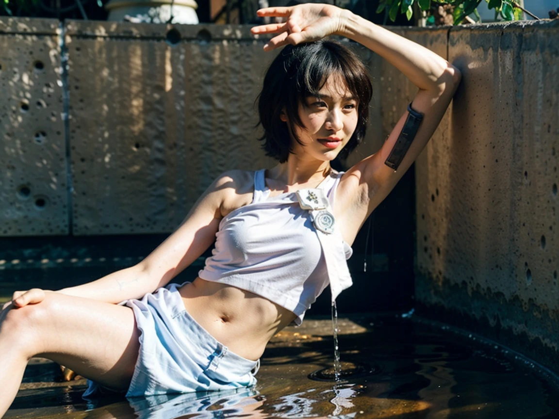 Realistic Photography, Beautiful Young Female ,Short hair , water falls, extremely delicate and beautiful},Outstanding light and shadow, highly detailed wallpaper,Clear and bright sunlight, taking a selfie, naked portrait, nude photography, detailed armpit, pussy pubic hair, thick pubic hair, shiny nipple