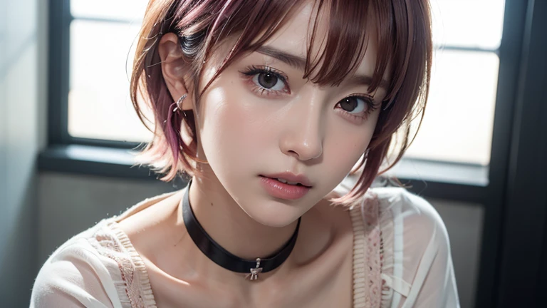 (short hair, bangs, pink hair:1.2),(wearing a choker, wearing a blouse:1.2),1 girl,Japanese,21 years old,(small breasts:1.3),(highest quality,masterpiece:1.3,超A high resolution,),(Super detailed,caustics),(Photoreal:1.4,RAW shooting,)ultra-realistic capture,very detailed,High resolution 16K human skin close-up。 natural skin texture、,The pores are、、、、、Must be detailed enough to be easily identified。 Skin should look even-toned and healthy。 Use natural light and color, sad expression, look at the camera, perfect dynamic composition, church