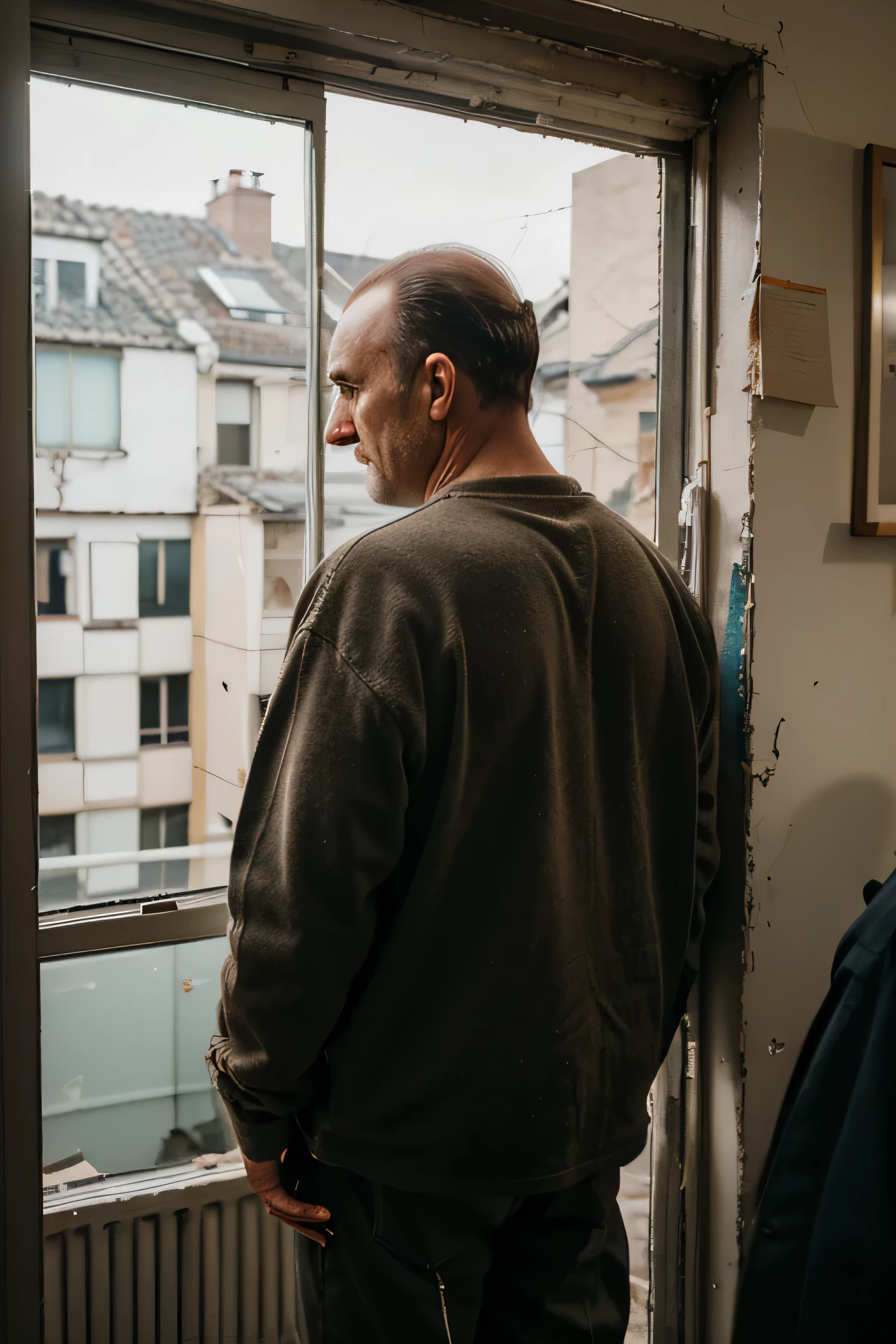 Confused elderly man, thick, man with receding hairline, stands with his back in the frame and looks into the hole left from the broken window fragments from which the street is visible during the day