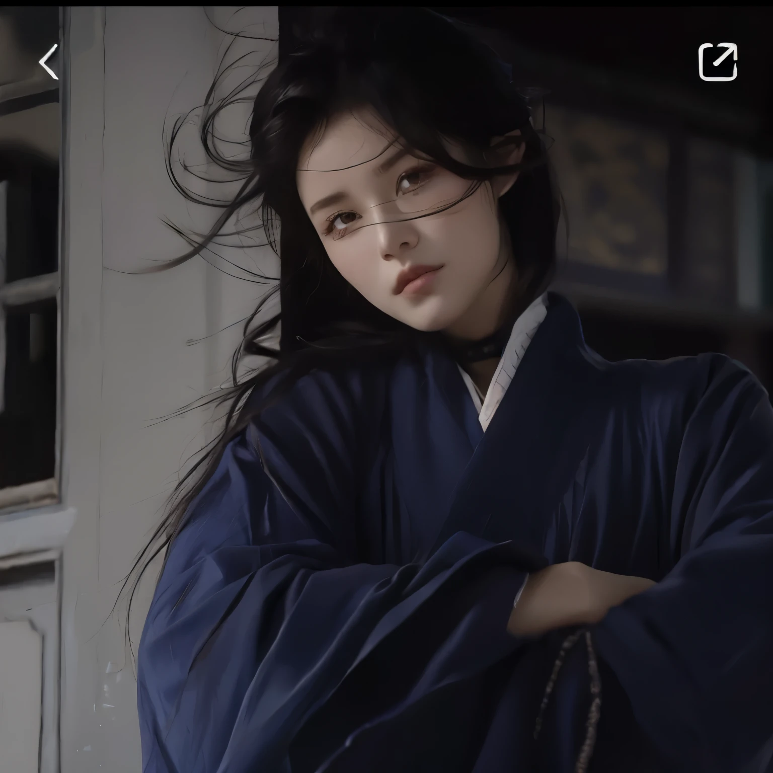 arafed woman in a blue kimono standing with her arms crossed, palace , a girl in hanfu, flowing hair and long robes, inspired by Itō Shinsui, wearing blue robe, inspired by Chen Yifei, wearing a blue robe, traditional beauty, inspired by Gu An, inspired by Zhu Derun, inspired by Gu Kaizhi