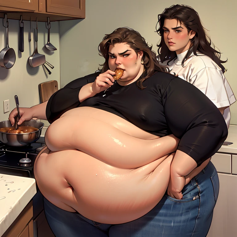 (masterpiece, best quality, highres, detailed, realistic:1.2), young brooke shields, USSBBW, (morbidly obese:1.2), (fatblob:1.2), detailed face, beautiful face, high aesthetic, panties, messy, slob, kitchen, eating, surrounded by worried sisters, embarrassed expression