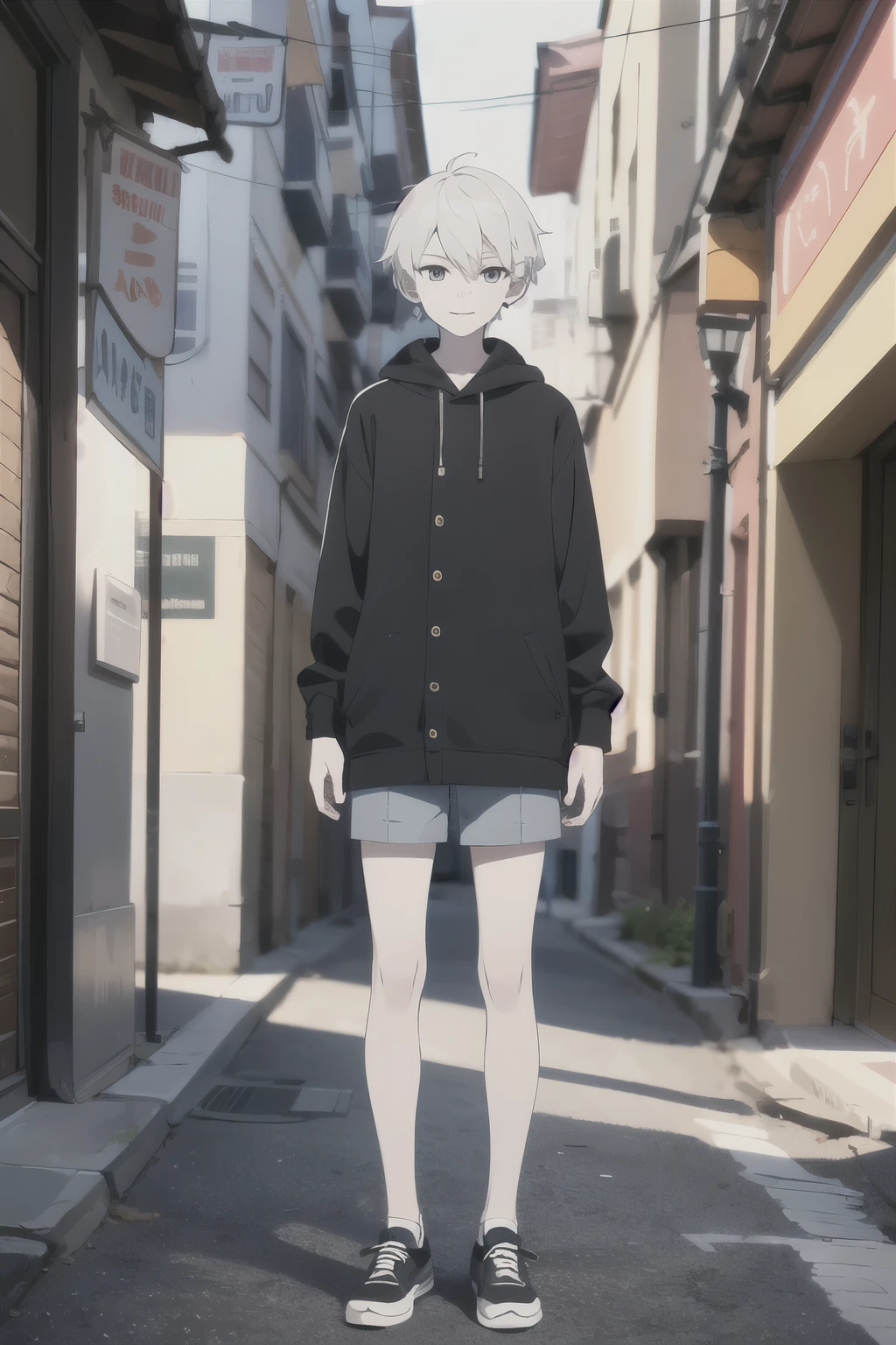 14 years old boy, alone, (masterpiece,Two dimensions, super quality, High resolution, 8K, complex: 1.2), (Detailed face:1.2), ,white skin肤, , Delicate skin, 14 years old boy, ((actual)), ((actual)), ((white skin)), , Youthful atmosphere,1 boy, white hair,short hair,have, gray eyes, Off the street, Happy eyes,, Gentlely,Smiling sunnyly, Shota , (masterpiece), (best quality:1),full-body shot,Vitality,full-body shot(((full-body shot)))
