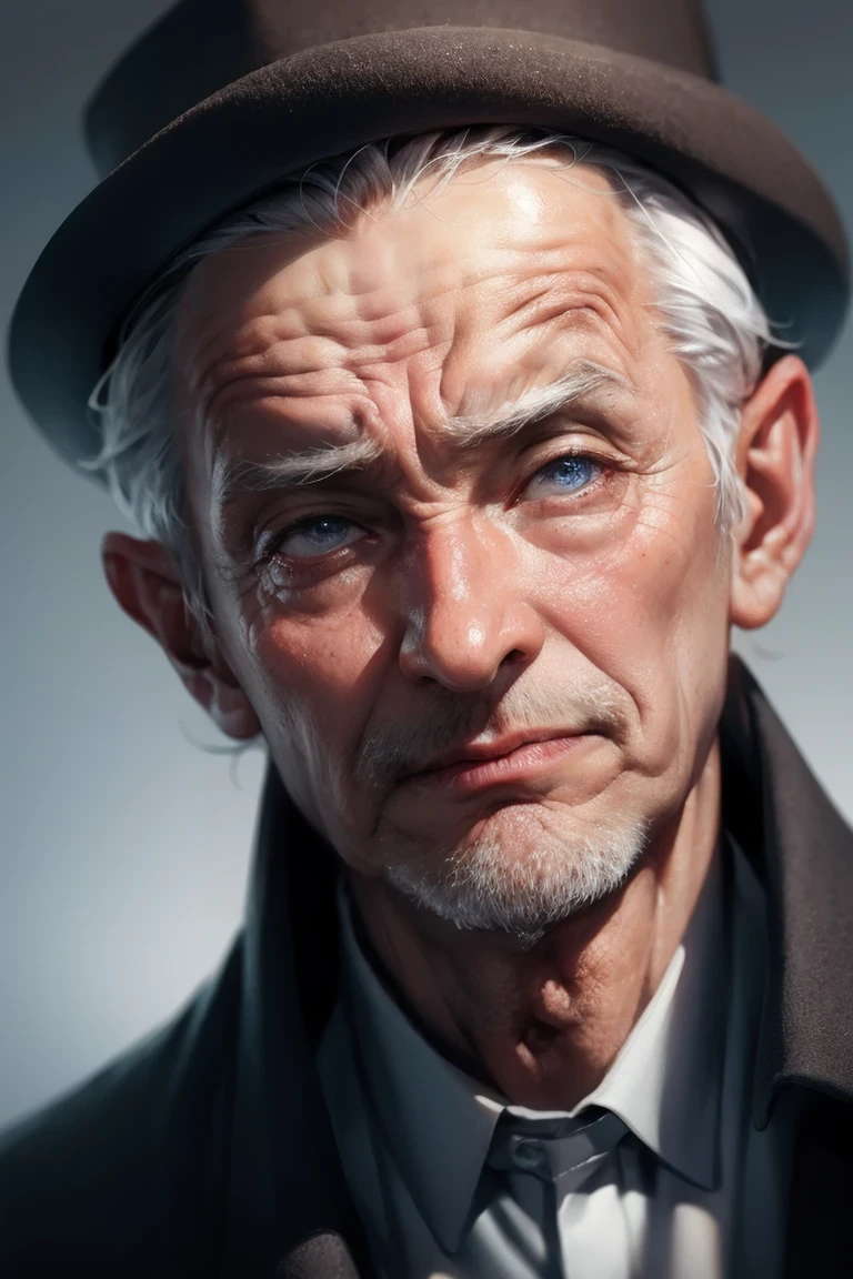 Best quality illustration, realistic and dark, (scary old man) | (elderly man), sitting on a park bench with a Panamanian hat, chess board in front, black spots around the eyes, with a dark and threatening look, (horror: 1,2, frightening: 1.1) by Greg Rutkowski.