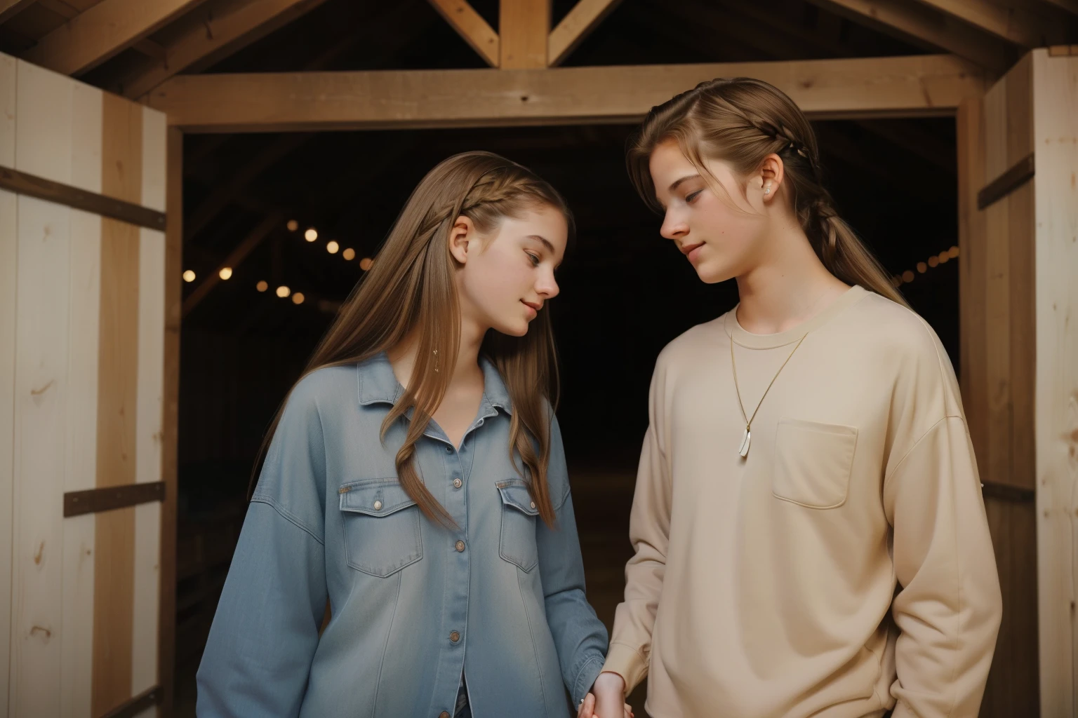 Little Wing, Wisconsin, 2004. A young ((((20-year-old)) Beth)), attractive, delicate features, graceful, warm and expressive eyes, strong, resilient, in a barn, with her boyfriend ((Leeland)), holding hands. ((((stylish clothings from the 2000s)))), ((long flowing hairstyle of the 2000s))