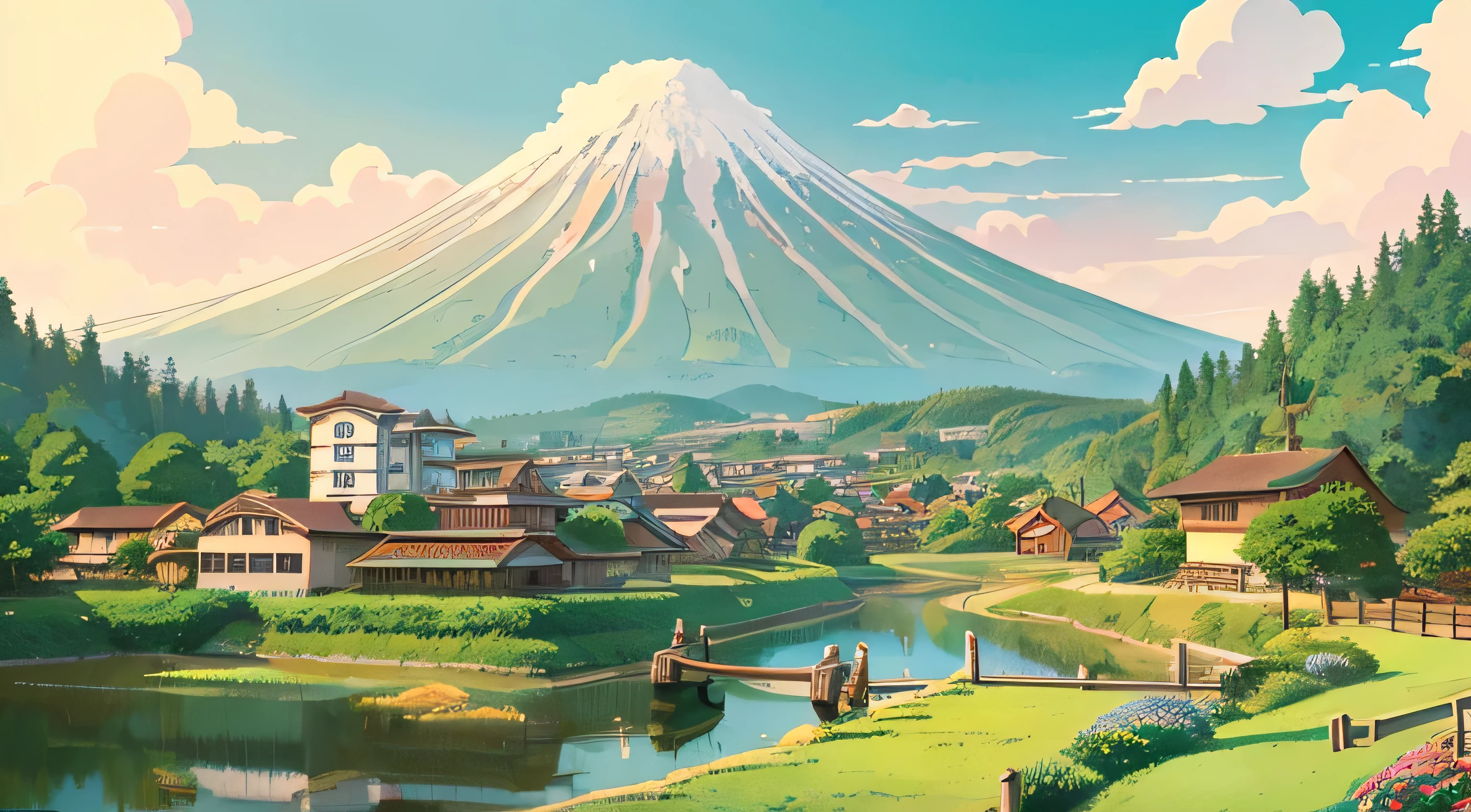 Japanese town Countryside Panoramic view Nostalgic Ghibli-like illustration