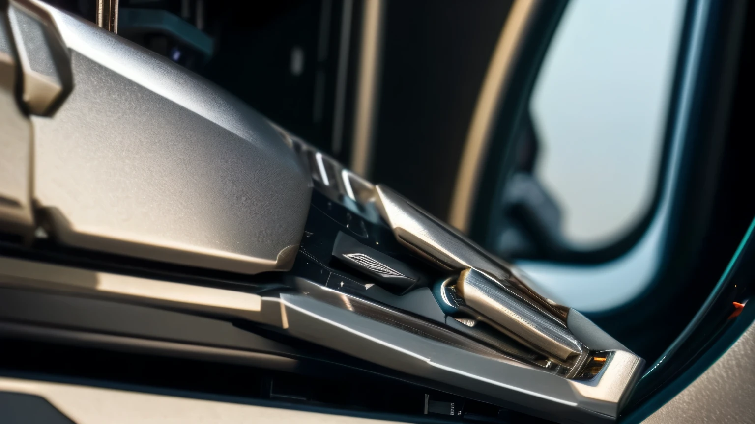 closeup view, shows only part of interior of spaceship cockpit, metallic, glossy steel, titanium, showing detail parts and joints, cyber-future, metallic, mechanic, very detailed, highly realistic