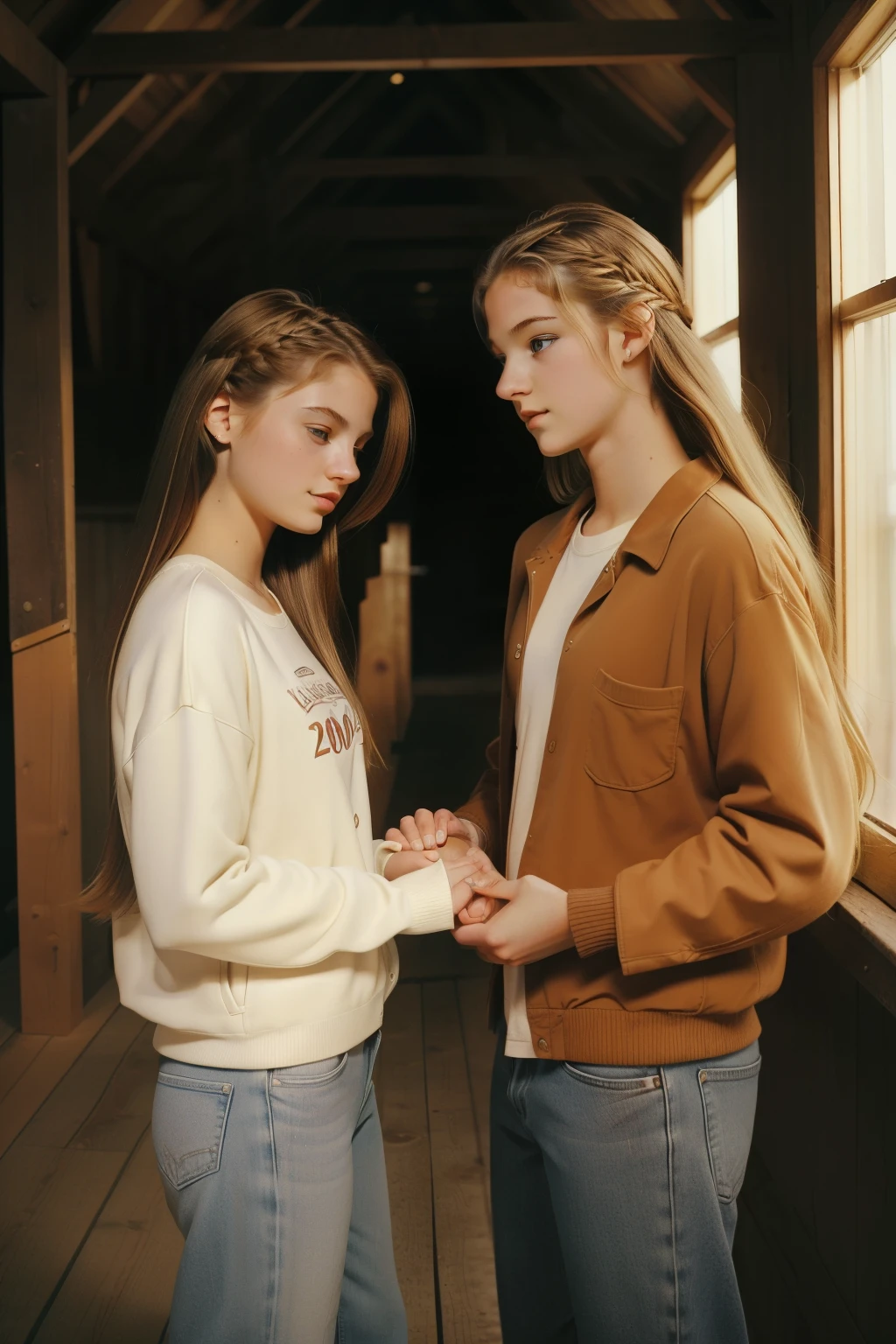 Little Wing, Wisconsin, 2004. A young ((((20-year-old)) Beth)), attractive, delicate features, graceful, warm and expressive eyes, strong, resilient, in a barn, with her boyfriend ((Leeland)), holding hands. ((((stylish clothings from the 2000s)))), ((long flowing hairstyle of the 2000s))