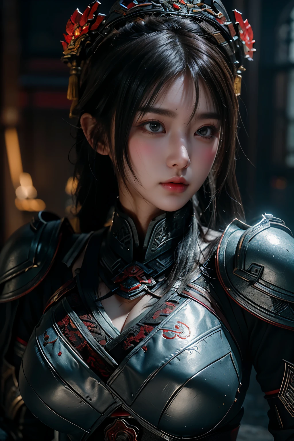 Masterpiece,Game art,The best picture quality,Highest resolution,8K,(Portrait),Unreal Engine 5 rendering works,(Digital Photography),
Girl,Beautiful pupil,(Gradual short hair is blue and red),Busty,(Big breasts),(Portrait photography:1.5),
(A chivalrous woman in Tang Dynasty),Casual hairstyle,Delicate faces,(Full breasts,Big breasts),Serious,Cool and elegant,(Wearing combat armor combined with the characteristics of ancient Chinese clothing,A complex pattern,Mysterious light,Hollow Armor),(Red and black),Ancient fantasy style characters
Movie lights，Ray tracing，Game CG，((3D Unreal Engine))，oc render reflection texture