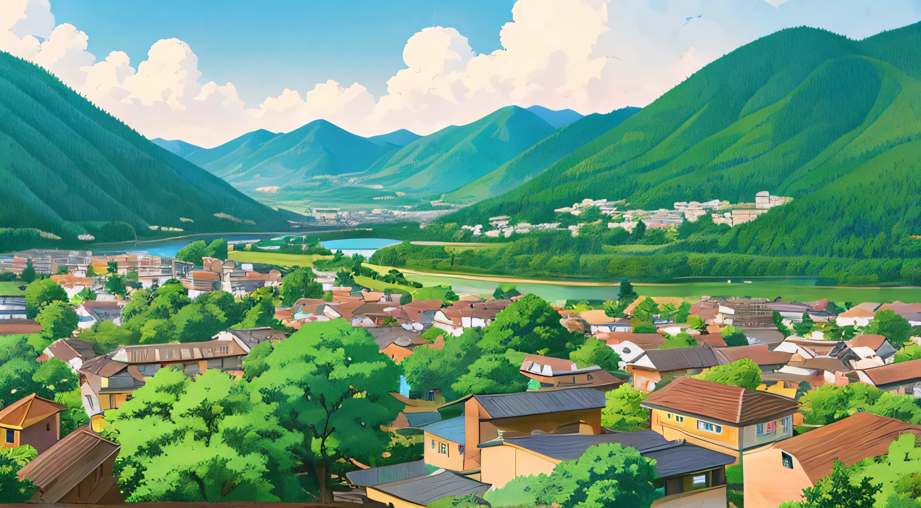 Japanese town Countryside Panoramic view Nostalgic Ghibli-like illustration