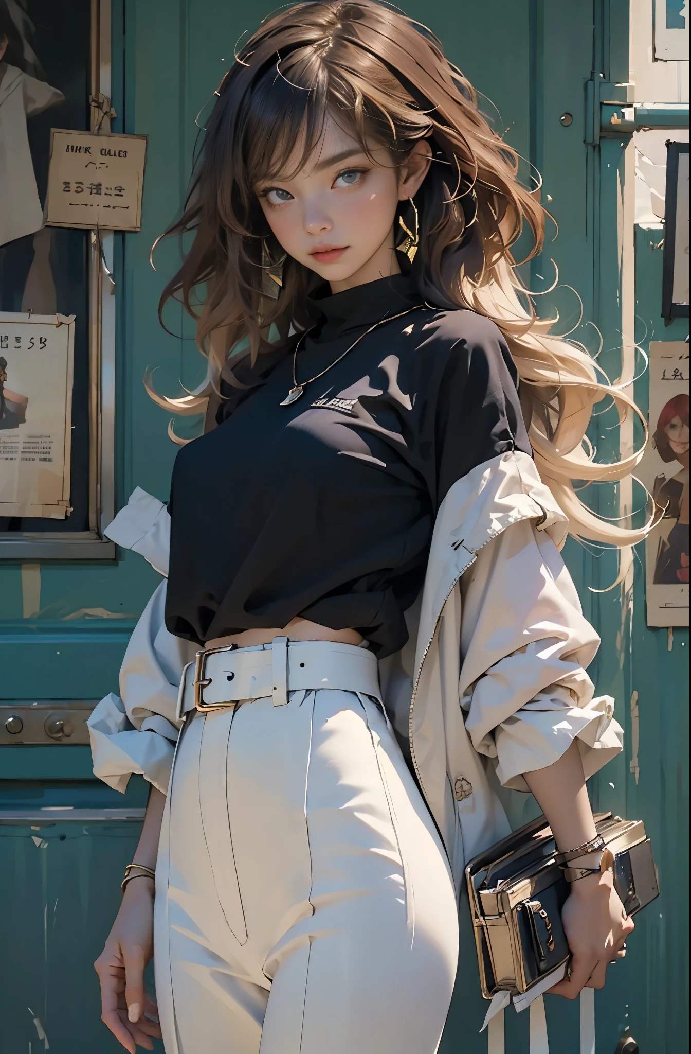 Photo of a beautiful woman standing on a street corner, Perfect model body shape, Stylish pants style, stylish belt, colorful purple shirt, Stylish hats, very stylish, with influence of Jeremy Mann, Jeremy Mann, style of Jeremy Mann, Jeremy Mann painting, Jeremy Mann art, Ron Hicks, Liepke, Jeremy Mann and alphonse mucha, Works that influenced Edmund Blampid, robert lenkiewicz, Casey Baugh and James Jean, Works that influenced Willem Kalf, Nick Alm, tumbler, figurative art, intense watercolor, watercolor detailed art,Beautiful and expressive paintings, Beautiful artwork illustration, wonderful, cool beauty, masterpiece, highest quality, official art, perfect composition, perfect angle, best shot, The perfect subject, women only, sharp outline, romantic, Moody, very beautiful and detailed eyes, beautiful and delicate eyes, ideal animation, sentimental,Hongkong, Close-up