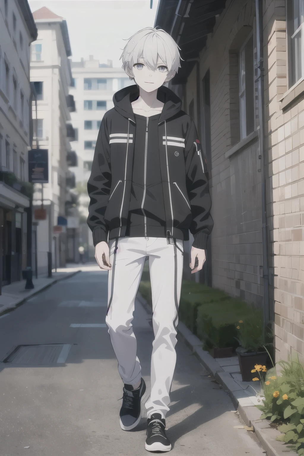 14 years old boy, alone, (masterpiece,Two dimensions， super quality, High resolution, 8K, complex: 1.2), (Detailed face:1.2), ,white skin肤, , Delicate skin, 14 years old boy, ((actual)), ((actual)), ((white skin)), , Youthful atmosphere,1 boy, white hair,short hair,have, gray eyes, Off the street, Happy eyes,, Gentlely，Smiling sunnyly, Shota , (masterpiece), (best quality:1),full-body shot，Vitality，full-body shot(((full-body shot)))((Jacket zipped up))（Casual Pants）
