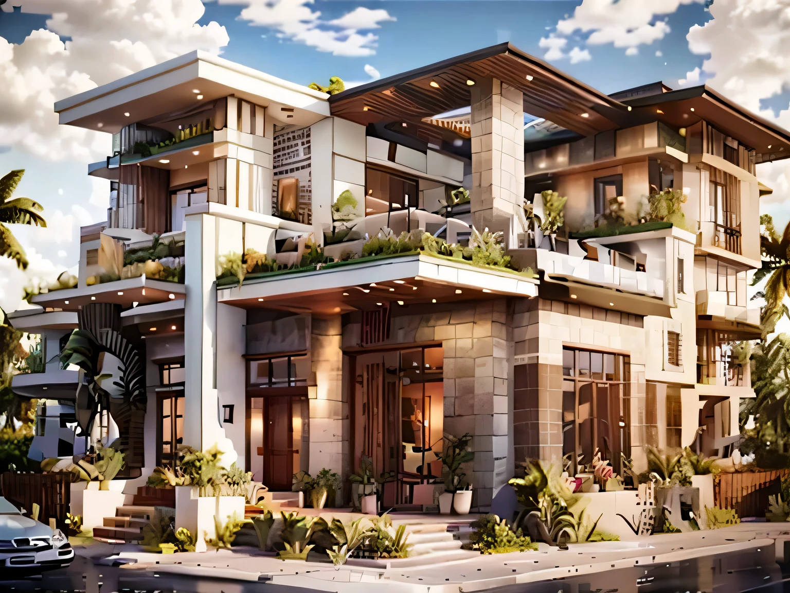 a rendering of a two story house with a porch and a balcony, inter dimensional villa, front side, frontview, sketch - up, overall architectural design, detailed 2d illustration, front view dramatic, digital rendering, 2 d render, front-view, 3d rendering, 3 d rendering, with 3d render, with 3 d render, front perspective