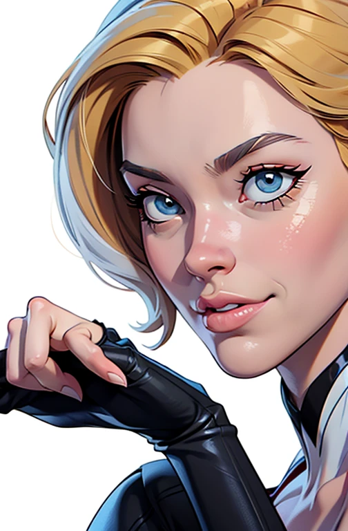 A cartoon of a nude blonde woman with short asymetric hair, (((face-close up))), rosto da Madelyn Cline, corpo perfeito, rosto perfeito, perfect hands, dedos perfeitos, athletic, muscular body, Retrato de Madelyn Cline, betty cooper, Emma Geada, personagem de quadrinhos, ((Black Widow)), color digital illustration, (((fundo branco, solid white background: 1.5))), (((DEMARCADO))), (((rosto detalhado))), ((Tom Mapeado)), (((contorno))), (brilhos), Commission for High Res, INSPIRADO EM j. Scott Campbell, estilo desenho animado, arte linear, clear lighting, estilo cartoon, arte linear, vetor, nude