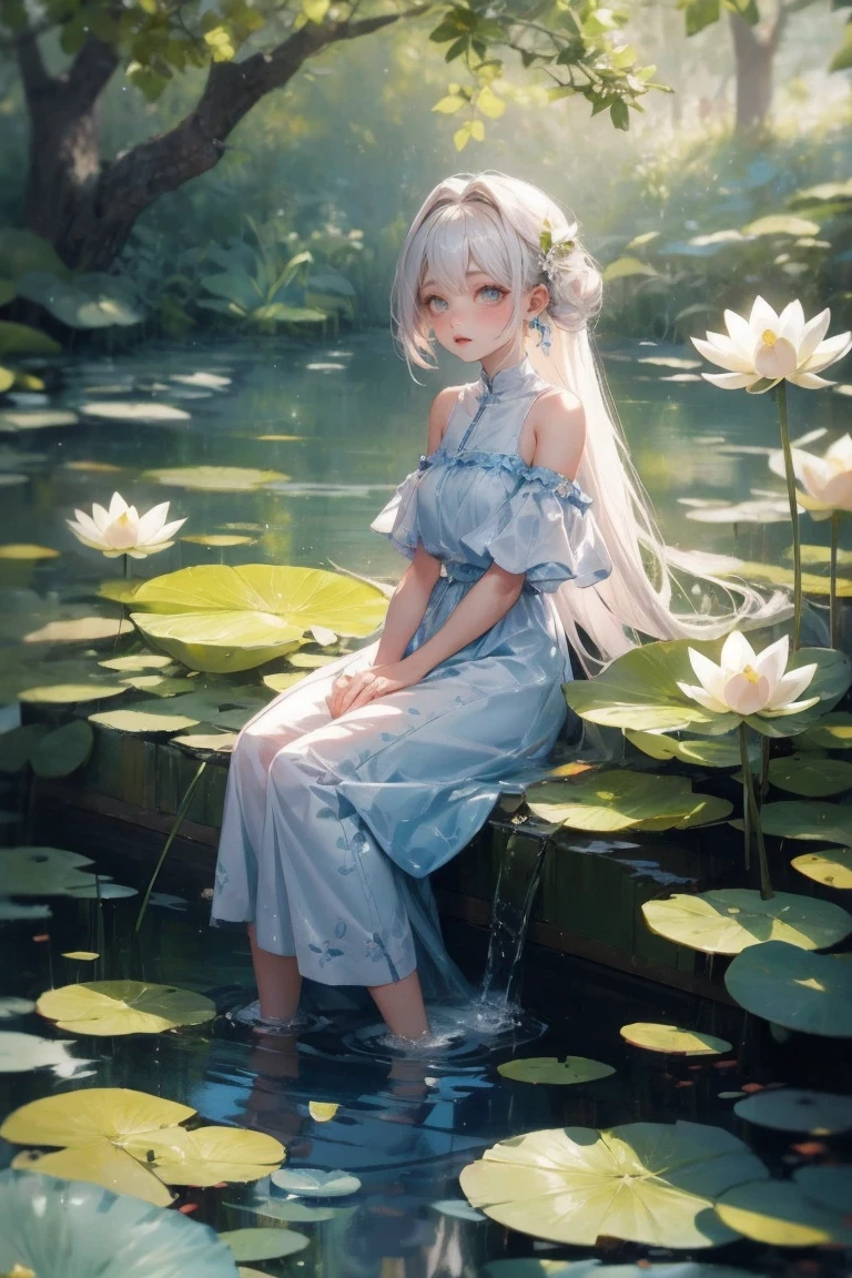 There is a girl sitting on a leaf, (White clothes), Fresh color scheme, There is a stuffed toy, Gouves style artwork, Popular on CGSTATION, illustration：Li Song, soft animation, Lying on a lily pad, sitting on lotus, Lovely and detailed digital art, Lovely art style, in the pond, Yang Jian, cute digital art, Gurwitz, sitting by the pond