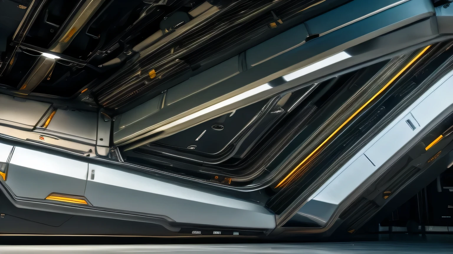 wideangle view of interior of spaceship, metallic, glossy steel, titanium, showing detail parts and joints, cyber-future, metallic, mechanic, very detailed, highly realistic
