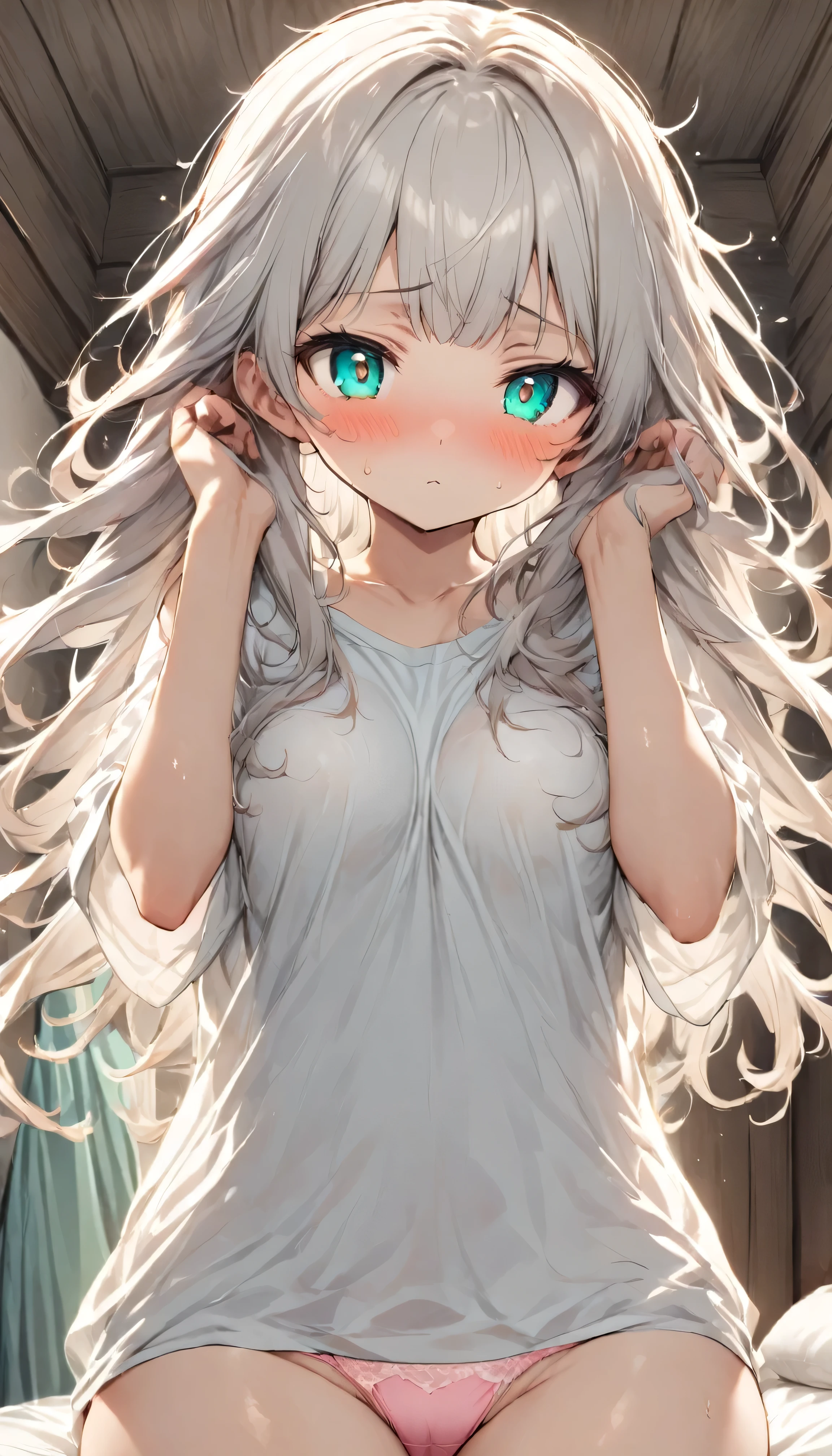 1girl、young girl、white hair、long hair、bangs、bright aqua eyes、white T shirt oversized、pink panties、bust-up、bedroom 