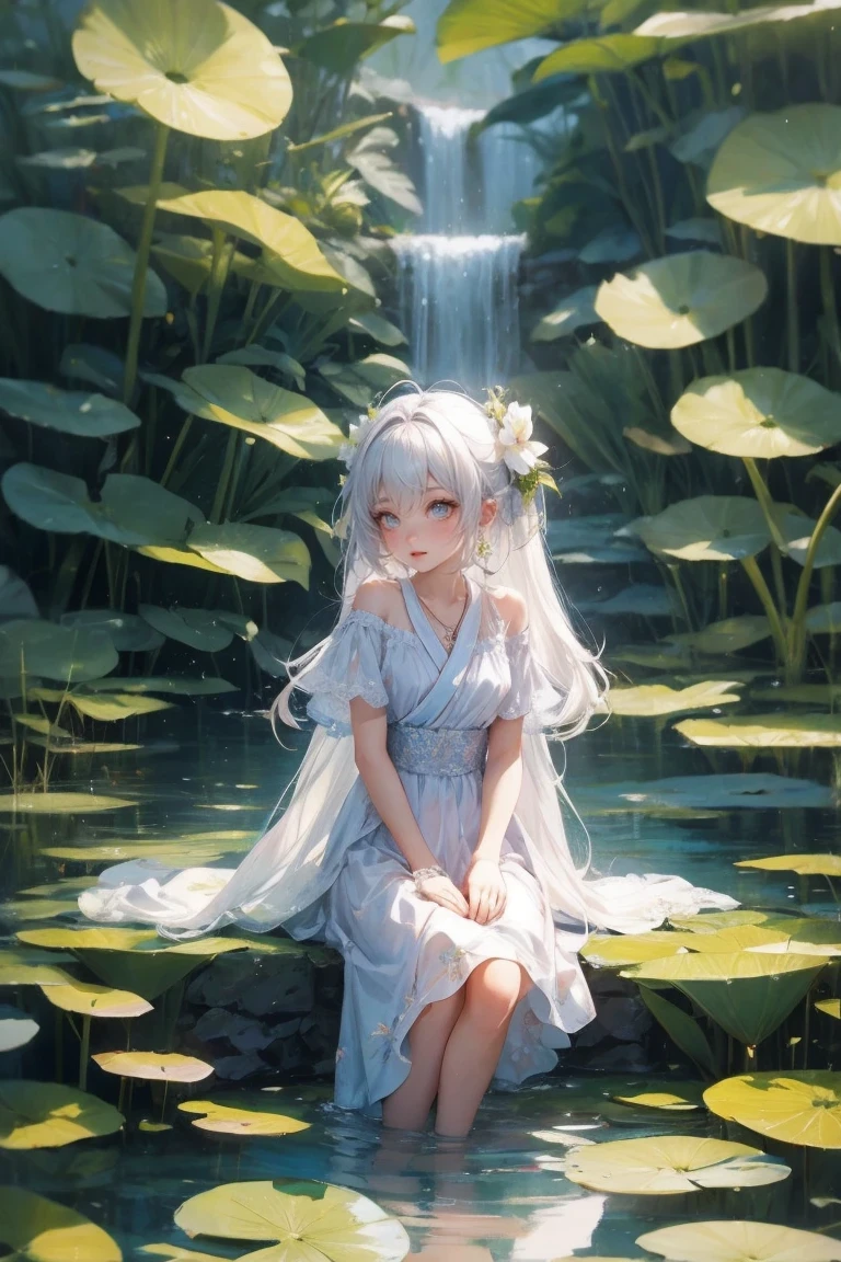 There is a girl sitting on a leaf, (White clothes), Fresh color scheme, There is a stuffed toy, Gouves style artwork, Popular on CGSTATION, illustration：Li Song, soft animation, Lying on a lily pad, sitting on lotus, Lovely and detailed digital art, Lovely art style, in the pond, Yang Jian, cute digital art, Gurwitz, sitting by the pond