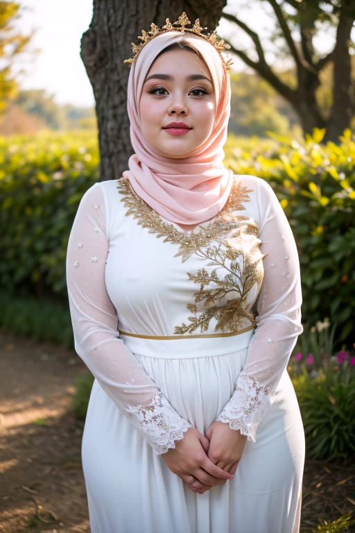 ((best quality)), ((masterpiece)), ((detailed)), ((a 25 year old chubby girl)), white loosely gamis dress with gold colour lace, (smiling:0.6), long sleeve, white hijab, white shawl, (no visible hair), pink flowers crown, scattered luminous petals, yellow flowers garden, Depth of field, rays of light, Many scattered leaves, branch, angle, contour deepening, cinematic angle,