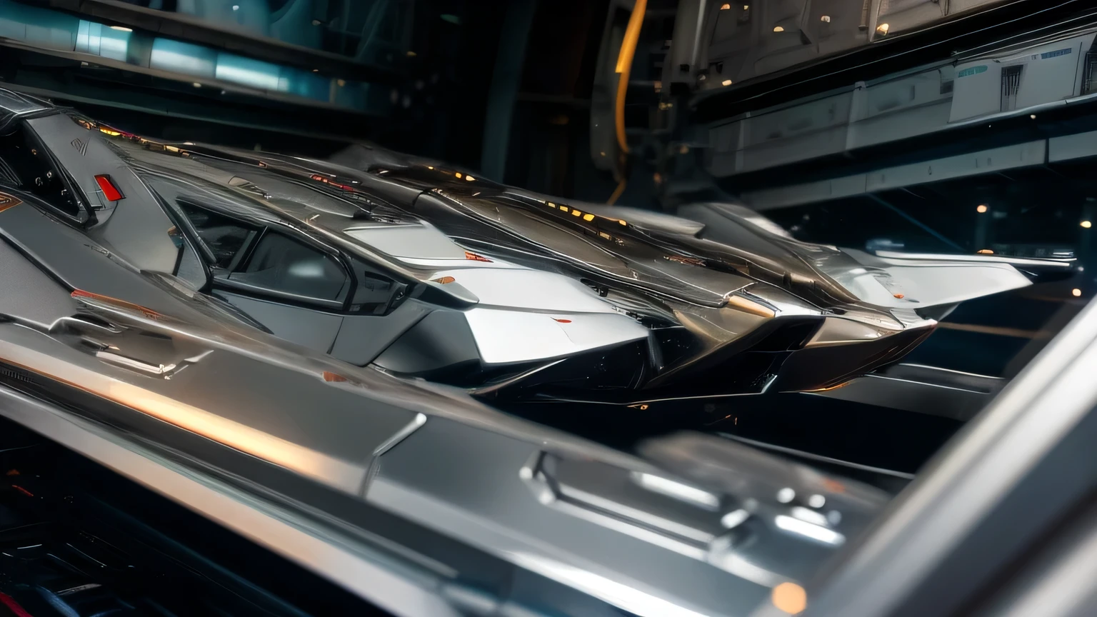 wideangle view of interior of spaceship, metallic, glossy steel, titanium, showing detail parts and joints, cyber-future, metallic, mechanic, very detailed, highly realistic